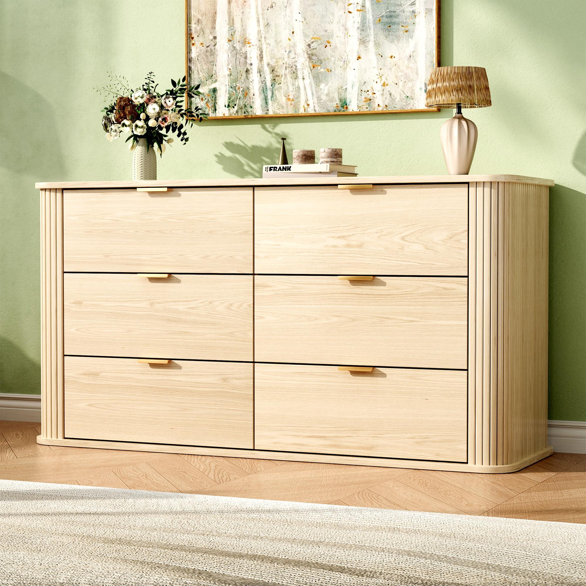 Fluted 6 Drawers Dresser for Bedroom, Mid Century Modern Closet Dresser & Chests of Drawers, Curved Profile Design, Dresser TV Stand, Wood Storage Dresser for Living Room, Entryway, Hallway, Oak