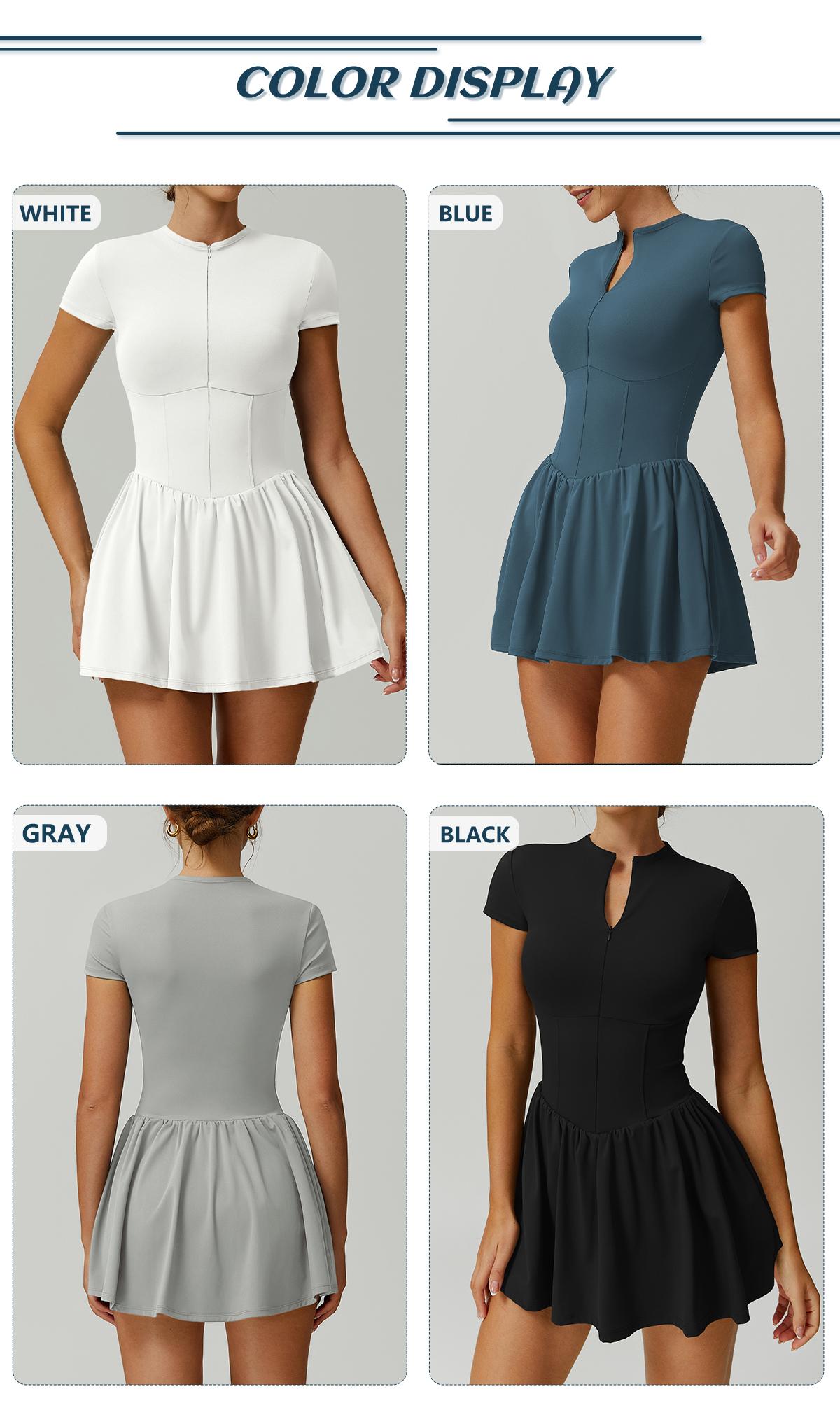 TIMEOFF Women's Short Sleeve Zip-Up Athletic Romper with Mock Neck & Flared Skirt Design for Summer Sports & Fitness Wear - Sporty Chic Dress Tennis Attire