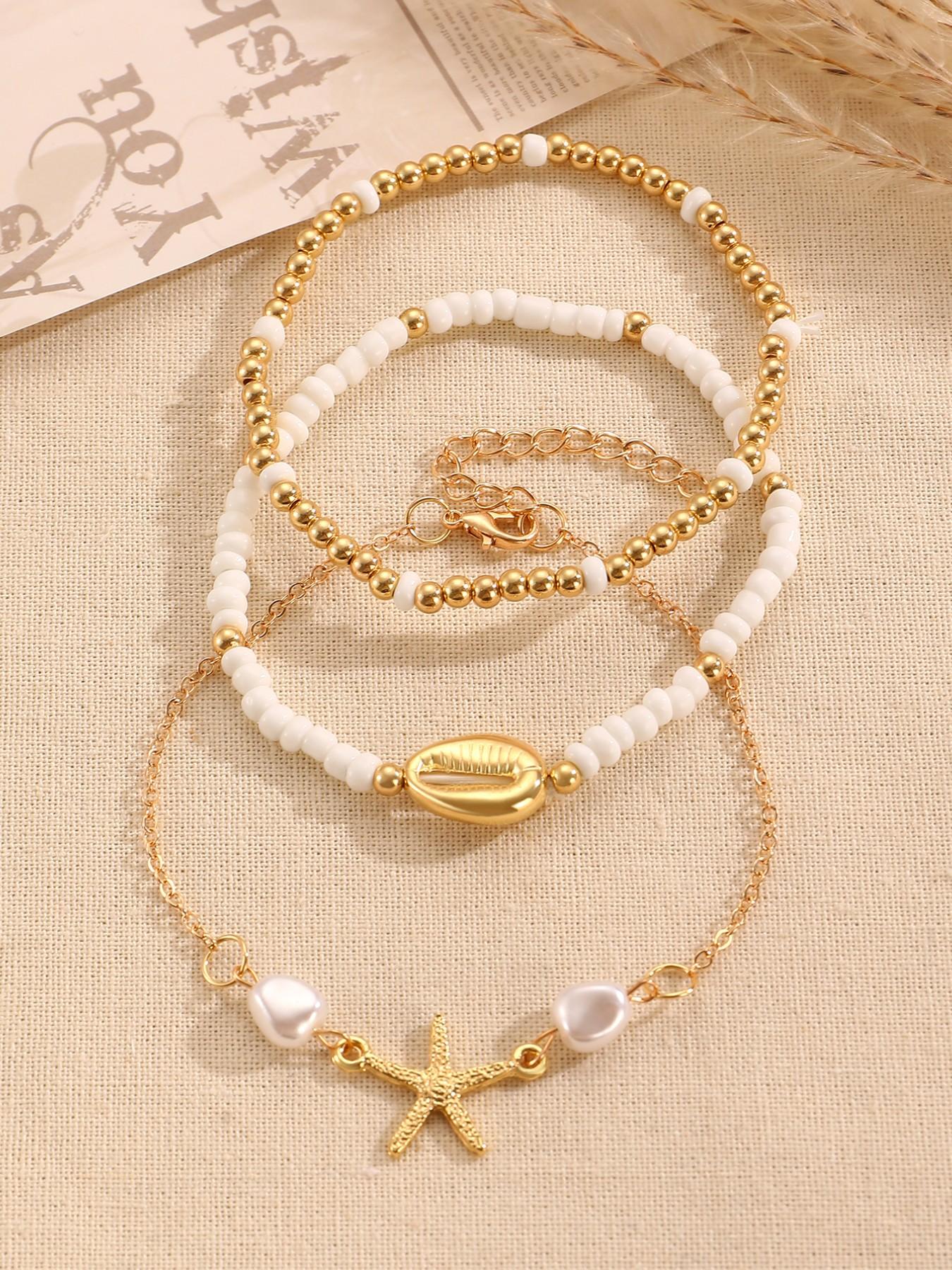 Three-Piece Summer Beach Anklet Set, Starfish Fish Shell Faux Pearl Design, Girl Jewelry, Fashion Accessory, Perfect for Daily