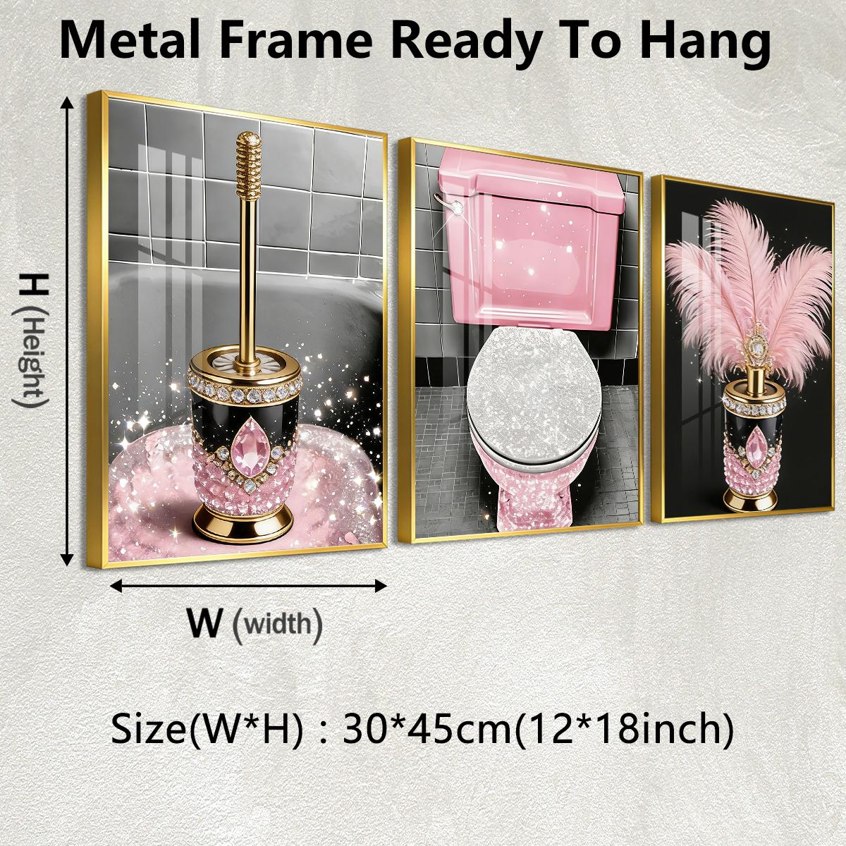 3 Counts Aluminum Alloy Framed Painting, Luxury Pink Diamond Feather Toilet Brush Set Pictures, Home Decoration For Living Room, Bedroom, Office, Restaurant, Hallway Wall Decor, Odorless Print Artwork, Luxury Perfect Gift For Friends And Family