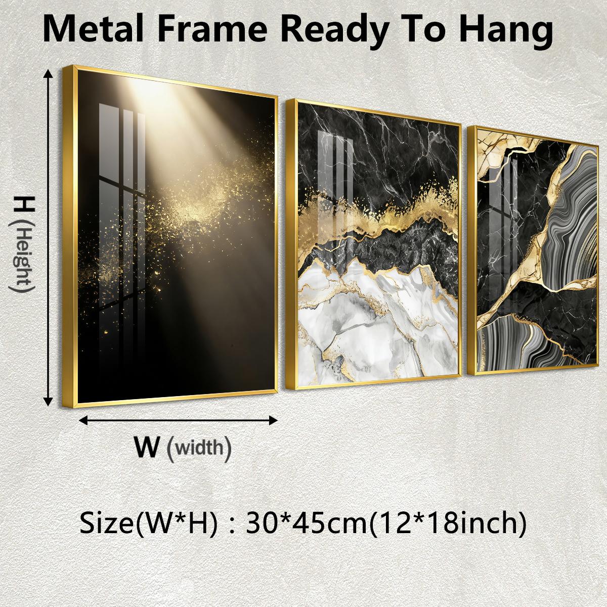 3 Counts Aluminum Alloy Framed Painting, Abstract Black Gold Marble Texture Pictures, Home Decoration For Living Room, Bedroom, Office, Restaurant, Hallway Wall Decor, Odorless Print Artwork, Luxury Perfect Gift For Friends And Family