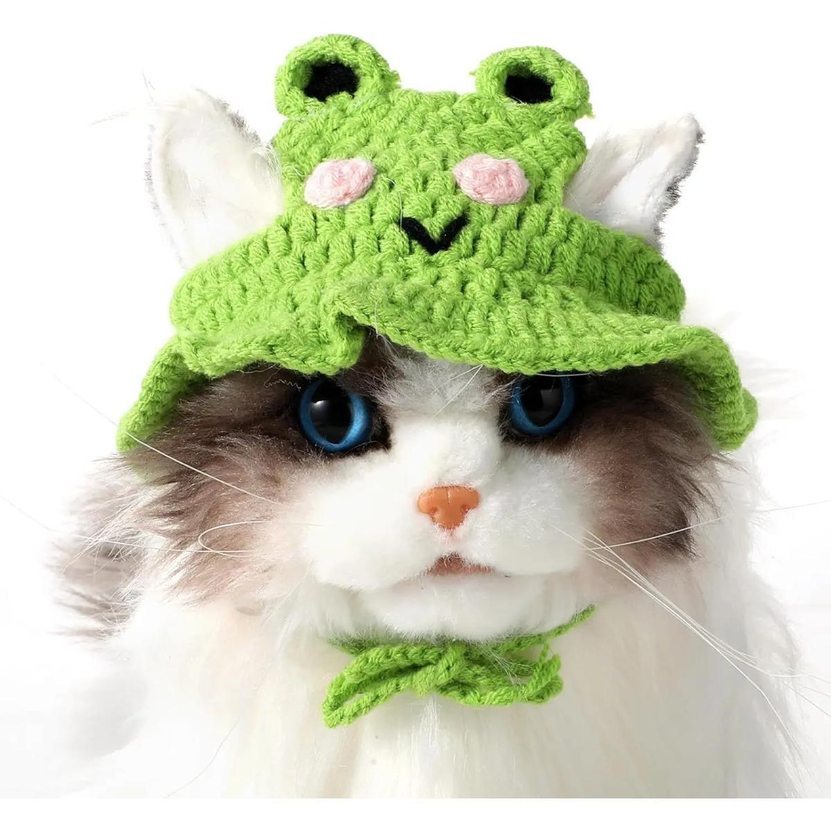 4PCS Handmade Knitted Pet Hat Set Pack - Adjustable, Soft Crochet Frog & Fruit Cat Puppy Headwear, Synthetic Fabric Warmth Cover, Small Pet Holiday Party Cosplay Accessory