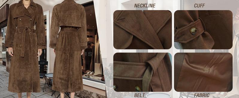 utcoco Women's Faux Suede Long Trench Coat Notched Lapel Double-Breasted with Belt Casual Fitted Outerwear Jackets Tops for Autumn & Winter