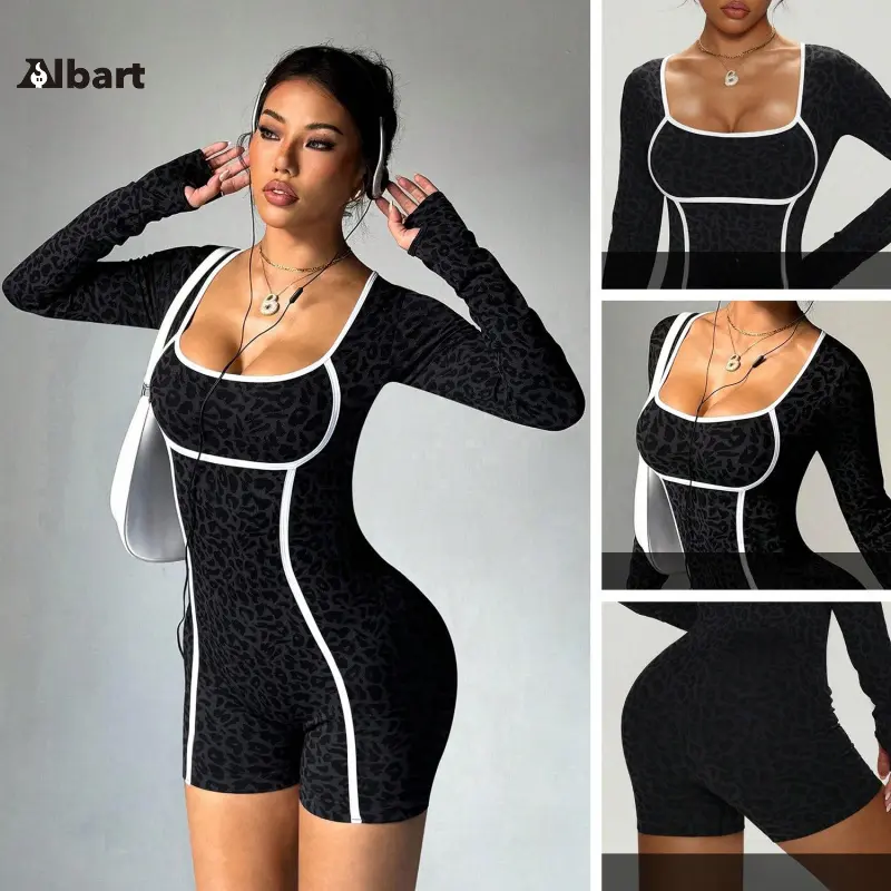Women Leopard Print Workout Bodysuit, Square Neck Long Sleeve Athletic Unitard With White Contrast Piping & Thumb Cuffs, High Stretch Tummy Control Slimming Short Jumpsuit For Yoga, Pilates, Gym Training And Street Casual Outfits