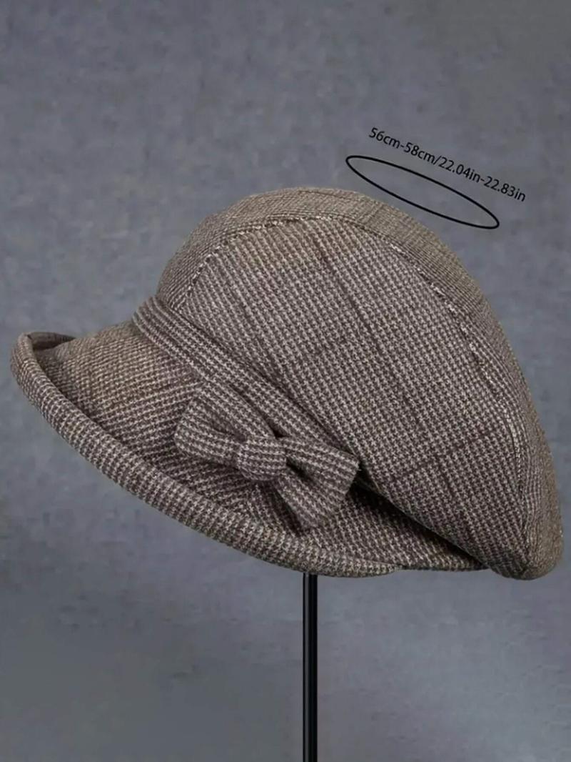 Women's Elegant Plaid Pattern Bow Decor Beret, Casual Trendy Matching Hats for Fall & Winter, Fashion Accessories for Women & Girls