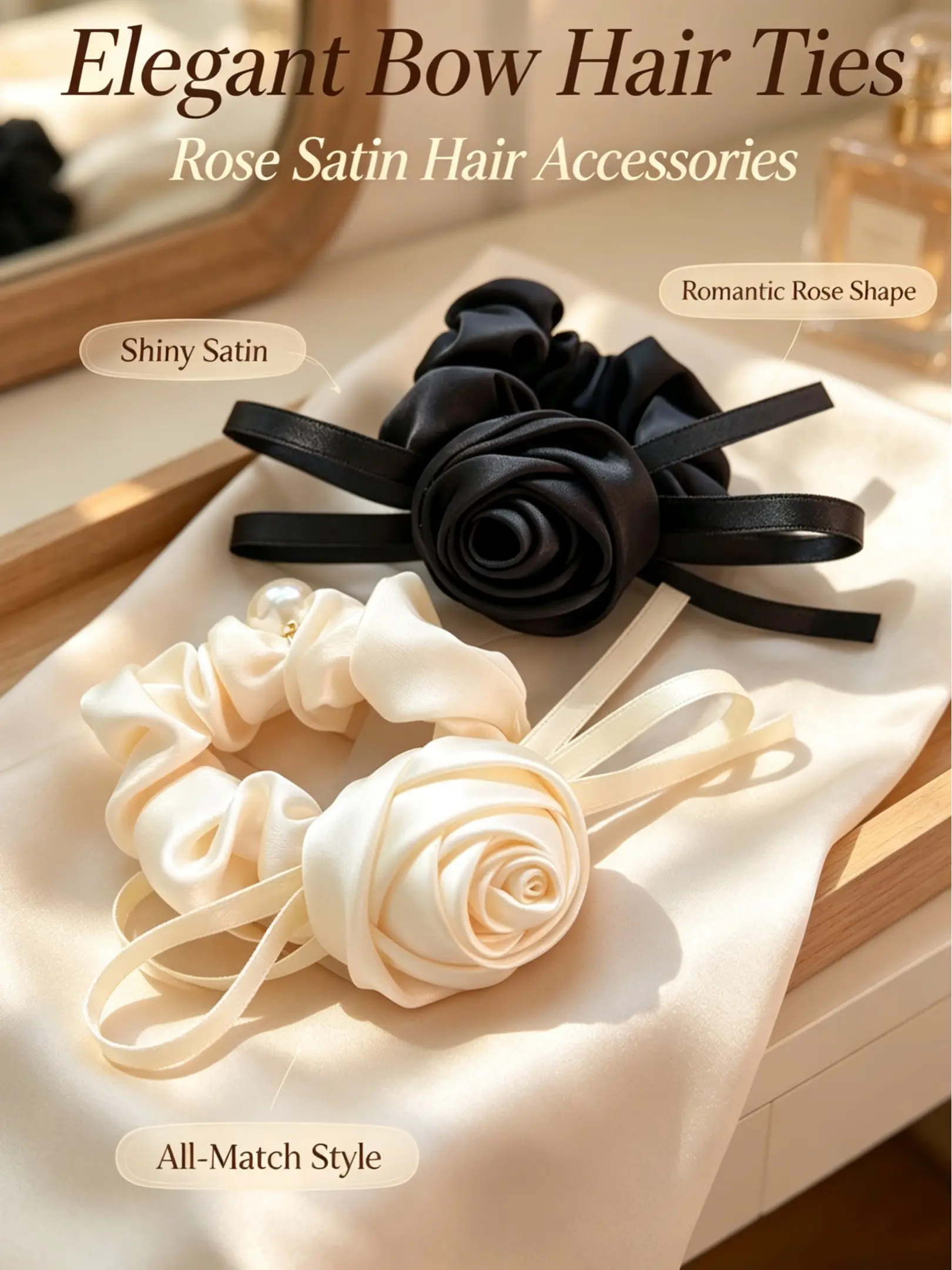 Elegant Rose Satin Bow Hair Ties, Soft Elastic Design, Perfect for Daily Wear, Weddings, Parties, Gifts for Women