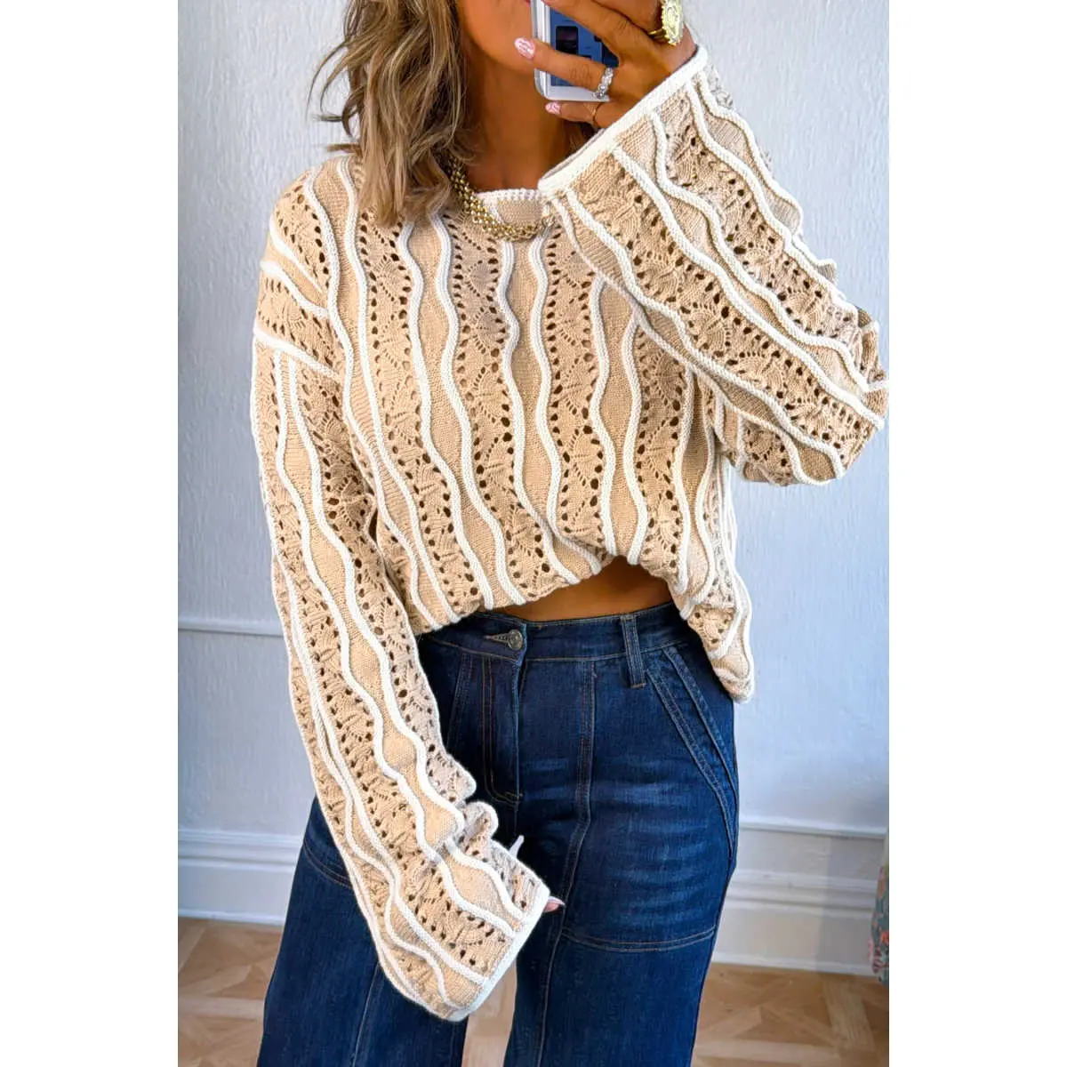 Khaki Wavy Detail Hollow Out Knit Long Sleeve Cotton Pullover Sweater