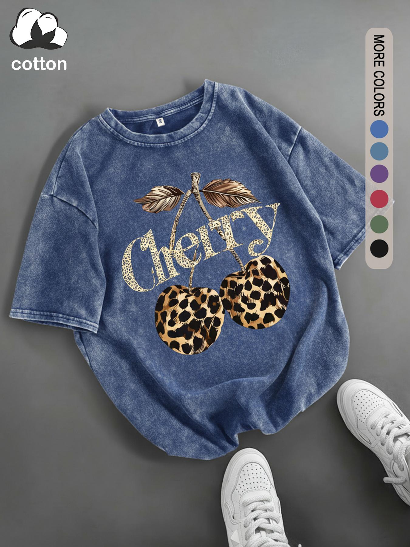 Women's Cherry & Leopard Print Round Neck Tee, Vintage Trendy Casual Short Sleeve T-shirt for Daily Wear, Ladies Summer, Top