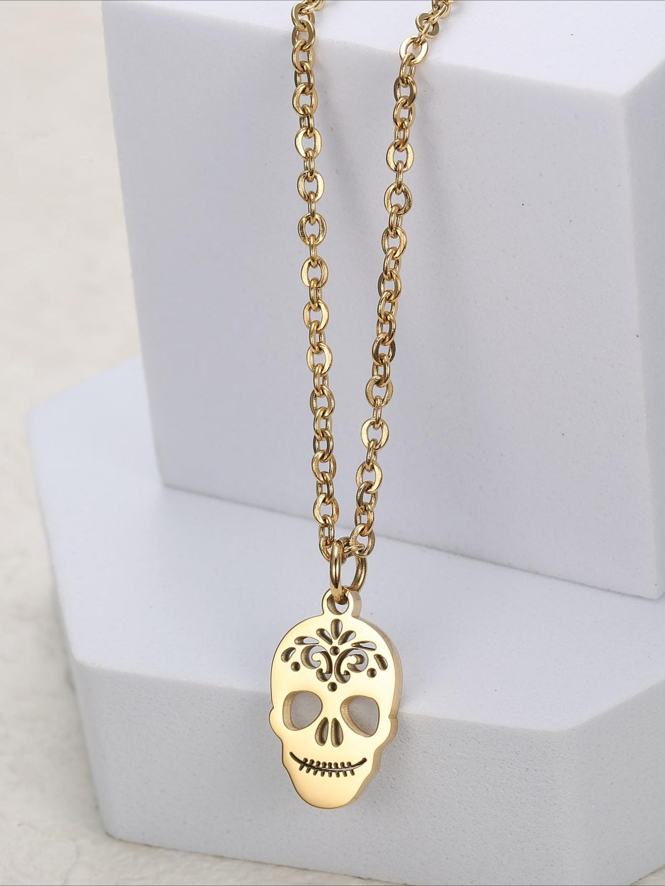 Stainless Steel Skull Pendant Necklace, Hip-hop Punk Style Accessory, Halloween Necklace
