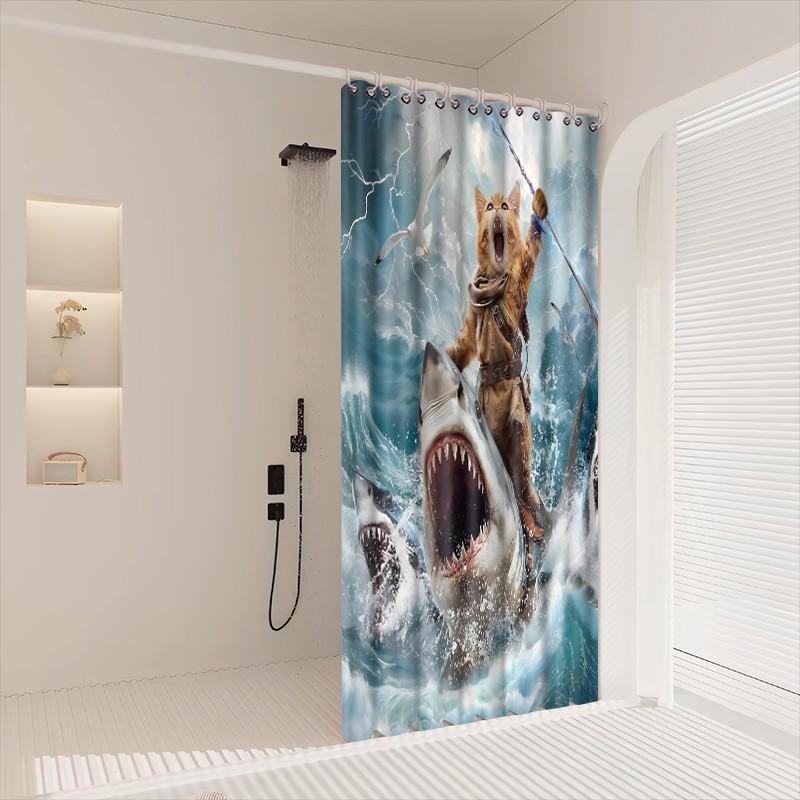 1pc Epic Orange Cat Shark Rider Fantasy Printed Shower Curtains with Plastic Hooks Shower Curtain for Bathtub Bathroom, Suitable for Home and Hotel Machine Washable Bathroom Decor as Best Gifts for Friends and Fantasy Lovers