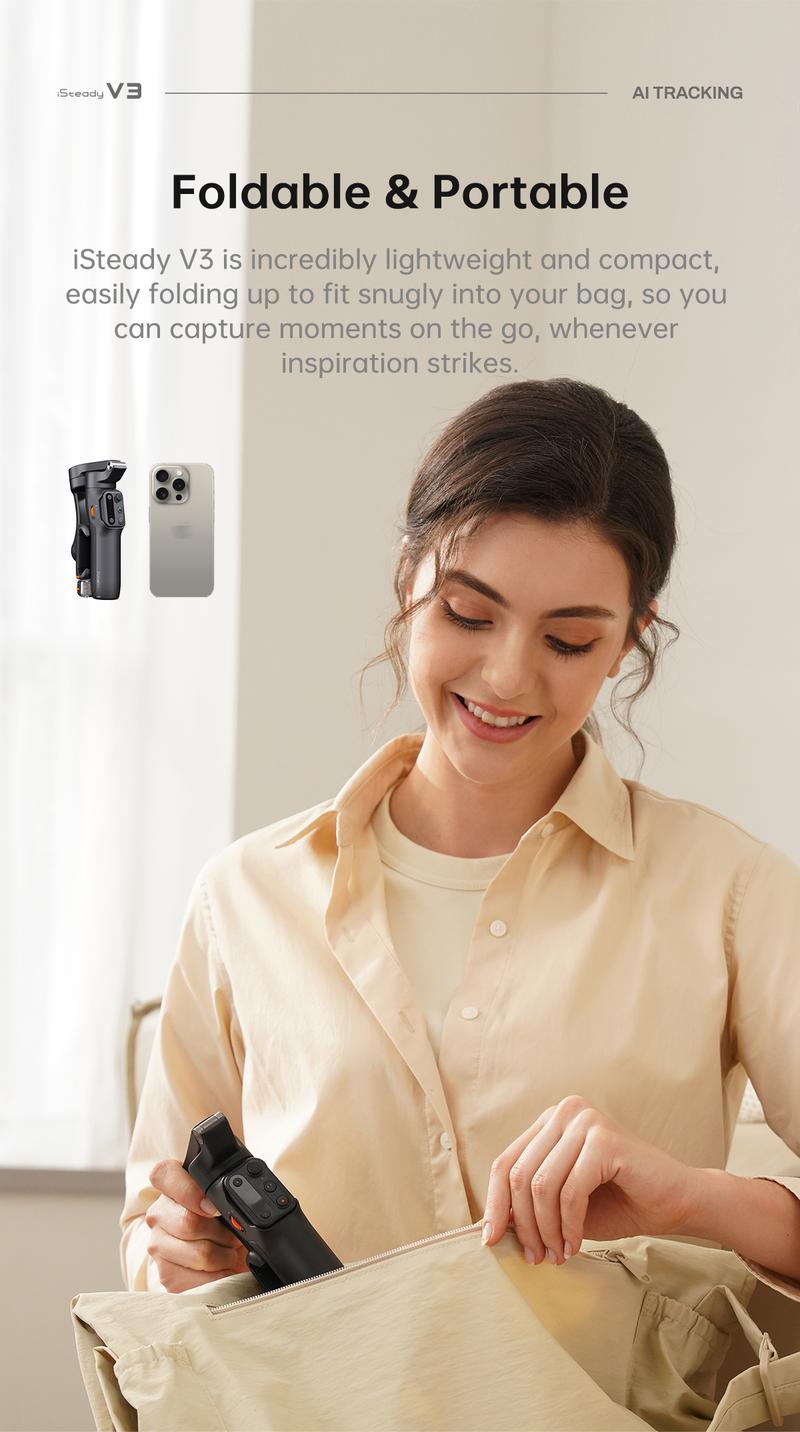 Hohem iSteady V3 New Gimbal Stabilizer for SmartiPhone, 3-Axis Phone Gimbal, Magnetic AI Tracker, Built-in Extendable Rod & Tripod, Detachable Remote Control,selfiestick,Phone Accessories,Suitable for Android & iPhone 17 series, Travel, Vlog, TikTok