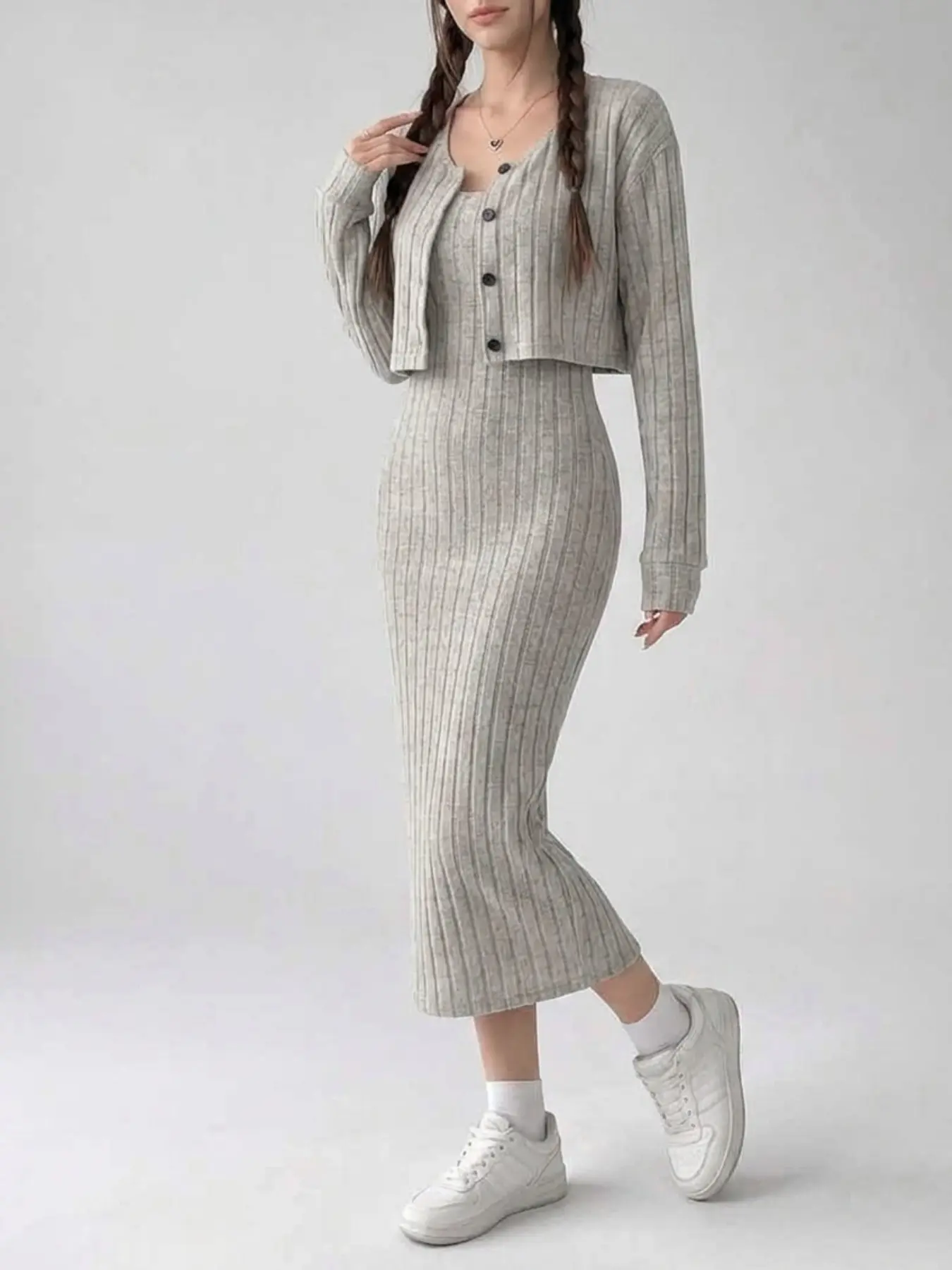 Women's Knit Halter Dress + Long Sleeve Button Cropped Cardigan Minimalist Set, Vertical Stitch Knit for Soft Texture, Slim Fit Halter Dress, Short Cardigan for Casual Various Occasions