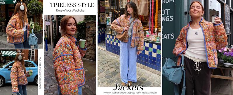 Yimoon Women's Cropped Puffer Jacket Lightweight Floral Print Long Sleeve Padded Quilted Puffy Cardigan Coat