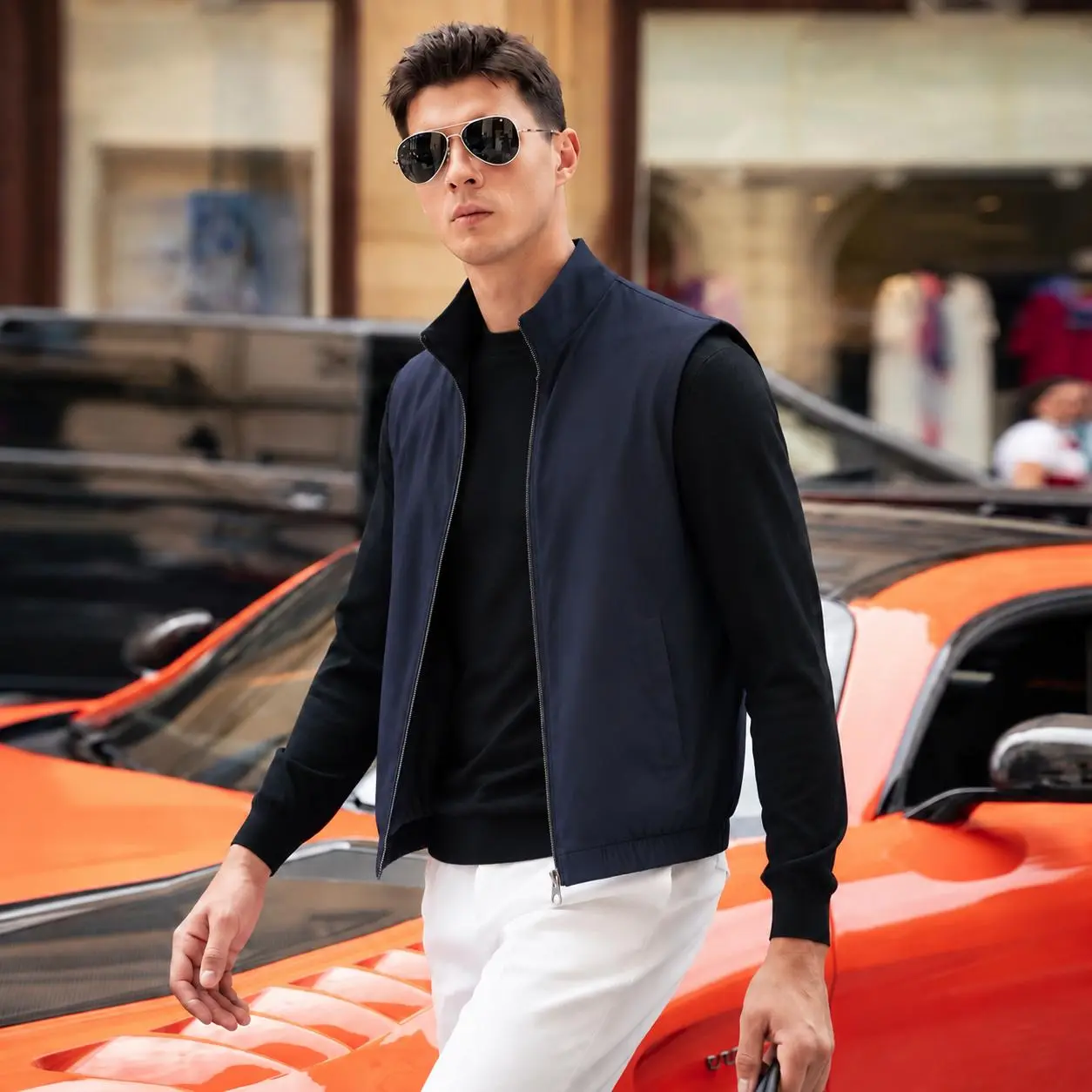 Boveme Men's Reversible Bomber Vest Jacket | Wool & Mulberry Silk Blend | Quiet Luxury Style