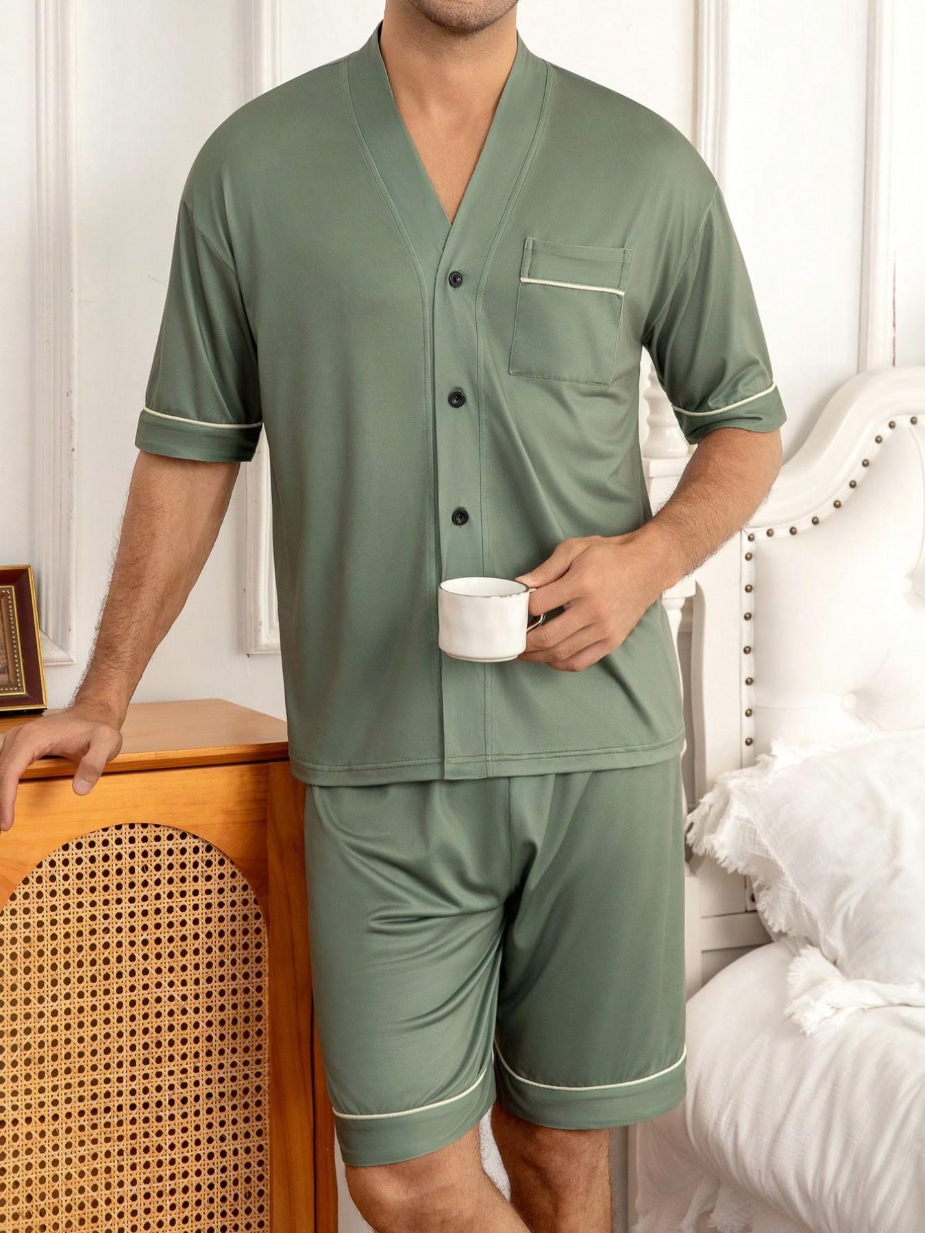 Men's Short Sleeve Pajama Set Pjs Pyjamas Homewear, Solid Color V-Neck Open Front, Contrast Trim with Pockets, Comfortable Sleepwear Loungewear Two-Piece Set