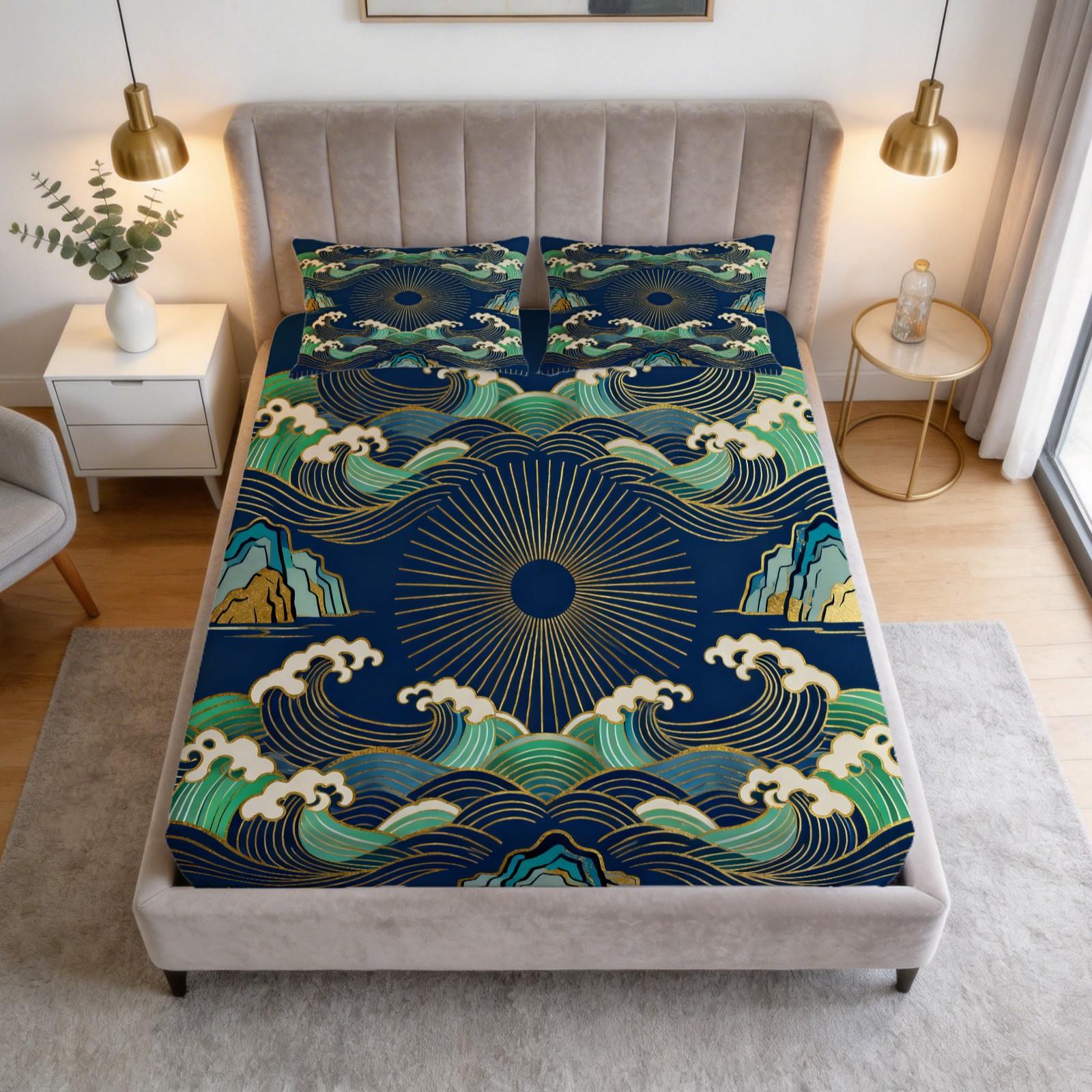 3 Piece Japanese Wave Sun Fitted Sheet Set, Navy Blue Gold Foil Great Wave HD Digital Print Bedding Set, Soft Breathable Deep Pocket Bed Sheet for Bedroom & Dorm, Machine Washable (Insert Not Included)