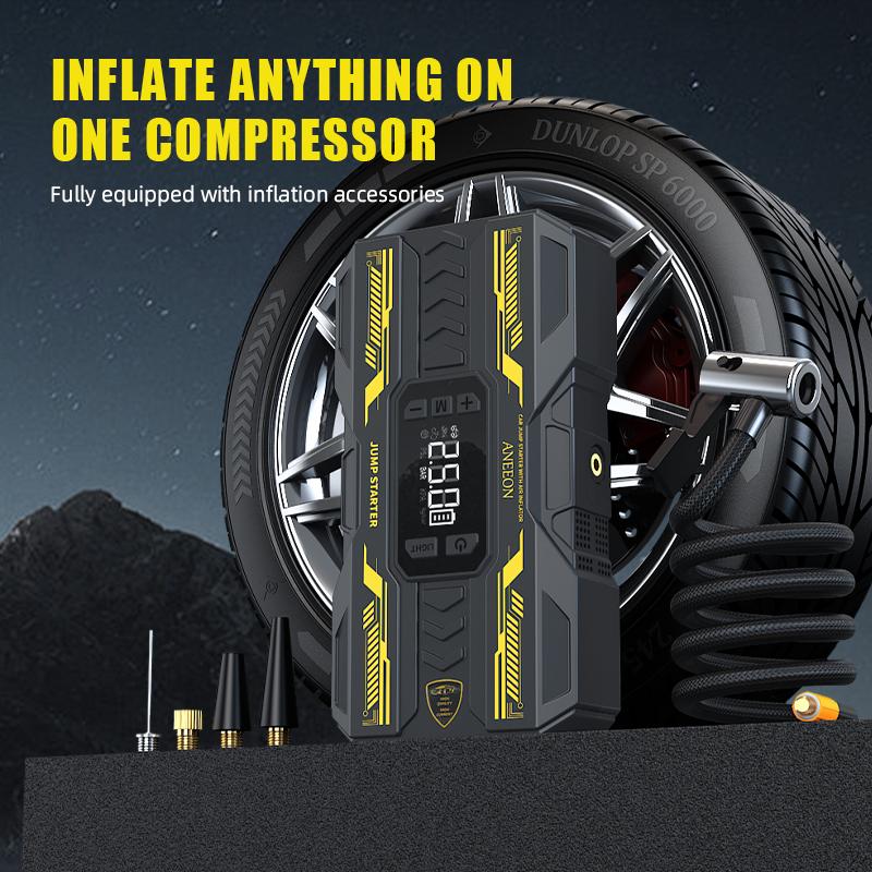 Portable Car Jump Starter (6400mAh / 8000mAh) with Air Compressor, Fast USB Charging and Multiple Safety Protections, Includes Jumper Cables, Car Tool Kit