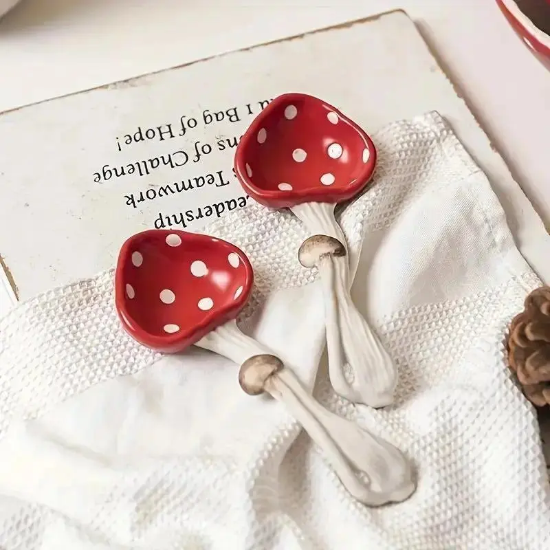 Youth 2-Piece Ceramic Mushroom Design Funny Spoon Set, Durable Cutlery with Versatility for Meals, Playful Dessert Tableware for Serving & Dining Use