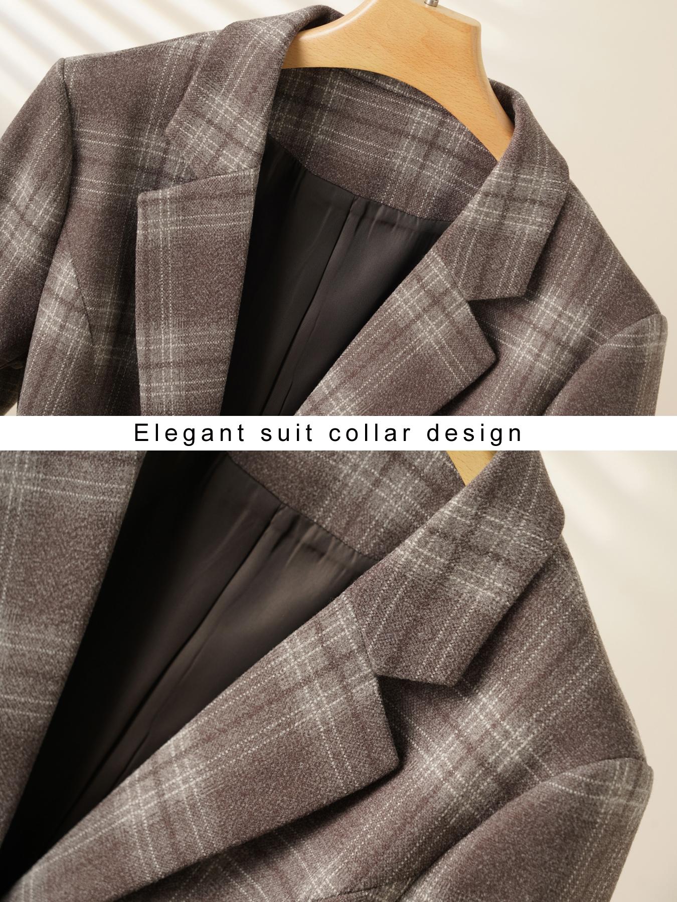 Women's Plaid Wool Blend Jacket, Fitted Long Sleeve Coat for Autumn Winter, Fashionable Commuter Outerwear, Warm Office Wear, Trendy Blazer