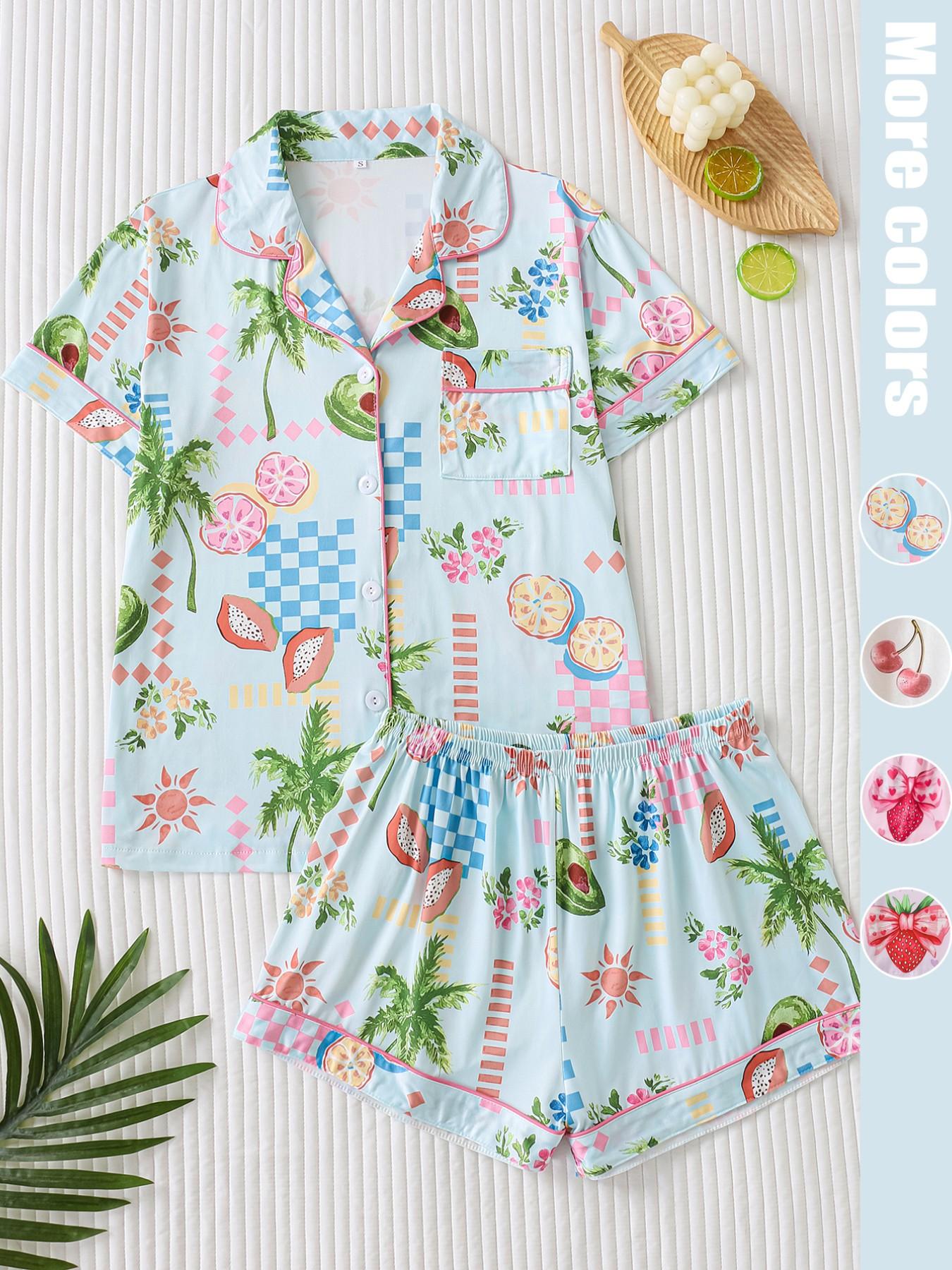 Women's Strawberry & Heart Print Lapel Neck Shirt & Shorts Matching Pyjama Two-piece Set, Ladies Sleepwear for All Seasons, Loungewear, Pajamas