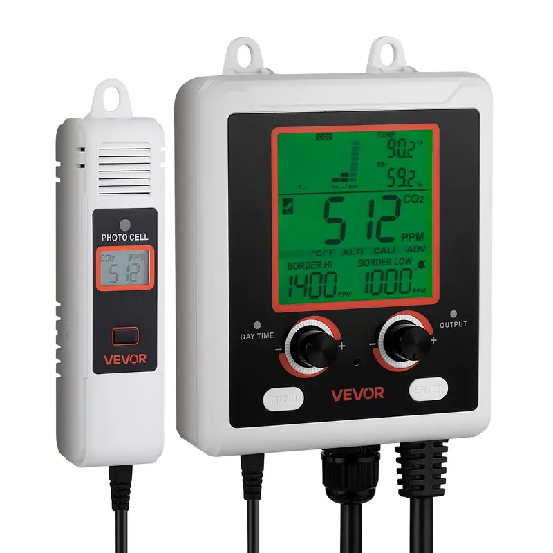 VEVOR Hanging Compact Digital CO2 Monitoring Controller with NDIR Sensor, LCD Display, 0-5000ppm Range, Dual Outlets, Day-Night Detection, Human Auto Sensing, Auto Ventilation, Accurate CO2 Tracking, 1.61 lbs, 32-122°F/0-50°C for Greenhouse