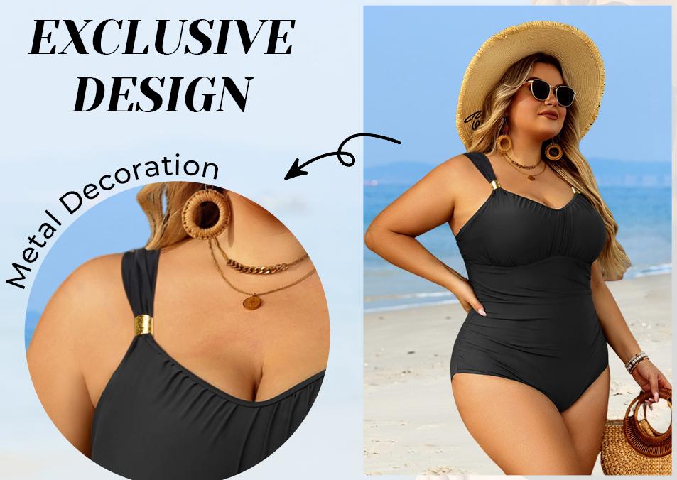 Aqua Eve Plus Size Swimsuit for Women Tummy Control One Piece Bathing Suit Vintage Swimwear Black
