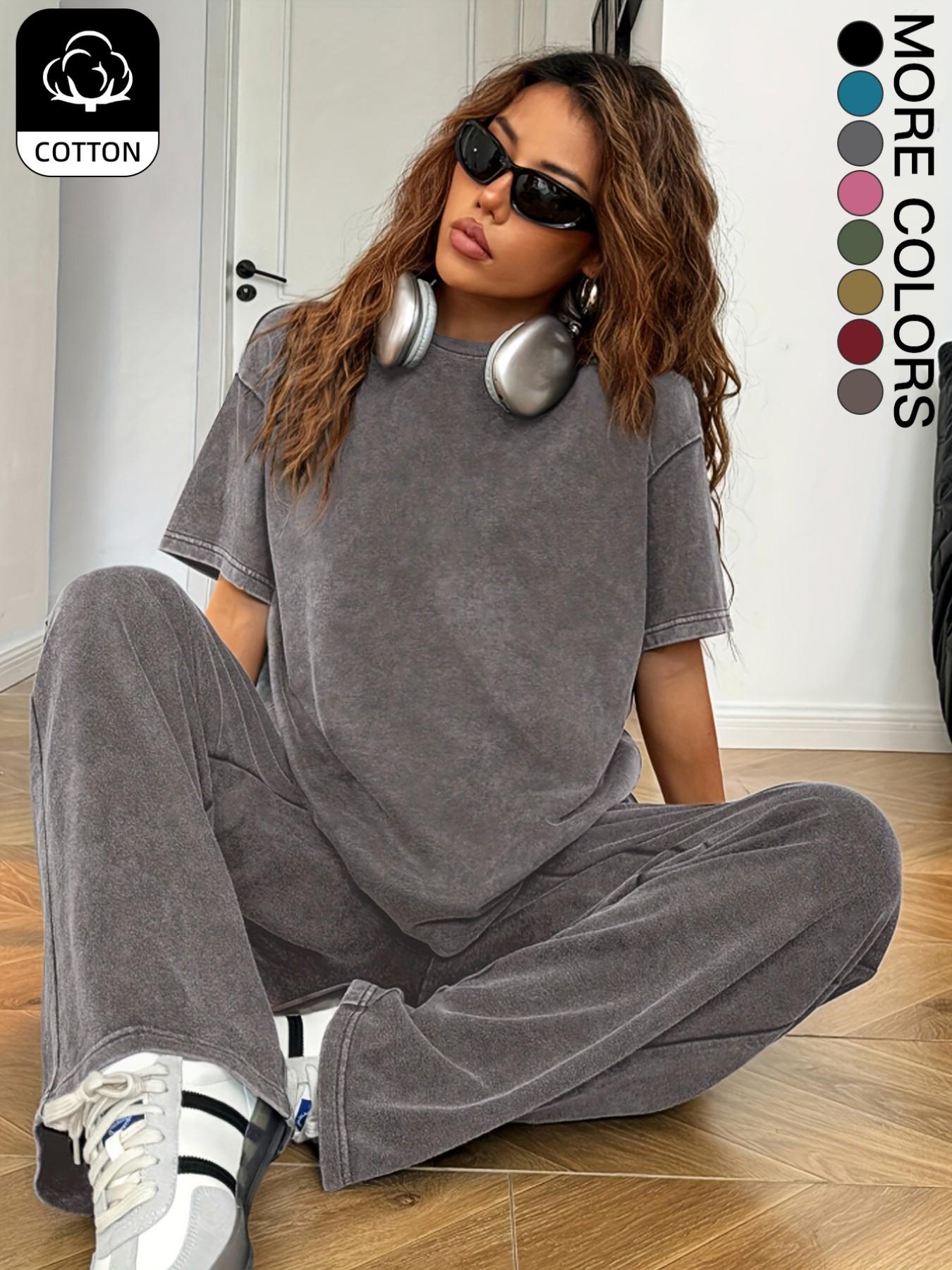 Vintage Acid Wash Knit Cotton Two-Piece Set for Women Loose Round Neck Short Sleeve Tee + Wide Leg Pants, Casual Streetwear Style