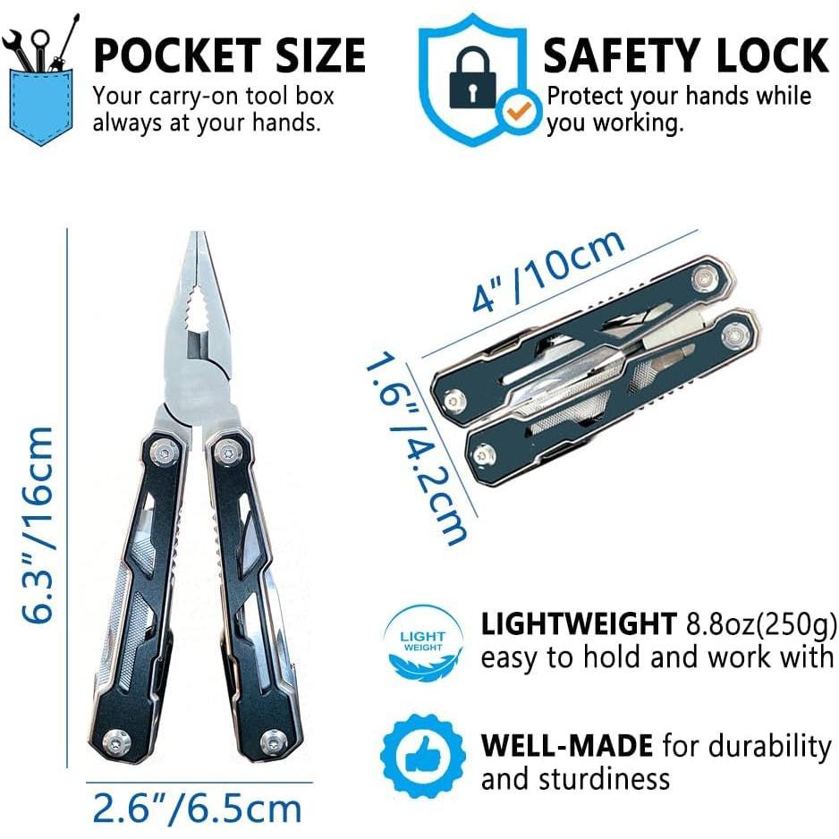 EDC Upgraded 17-in-1 Multitool with Pliers  & 15+ Tools Professional-Grade Stainless Steel Camping/ Gear | Safety Lock Non-Slip Grip Compact Oxford Pouch DIY// Repair