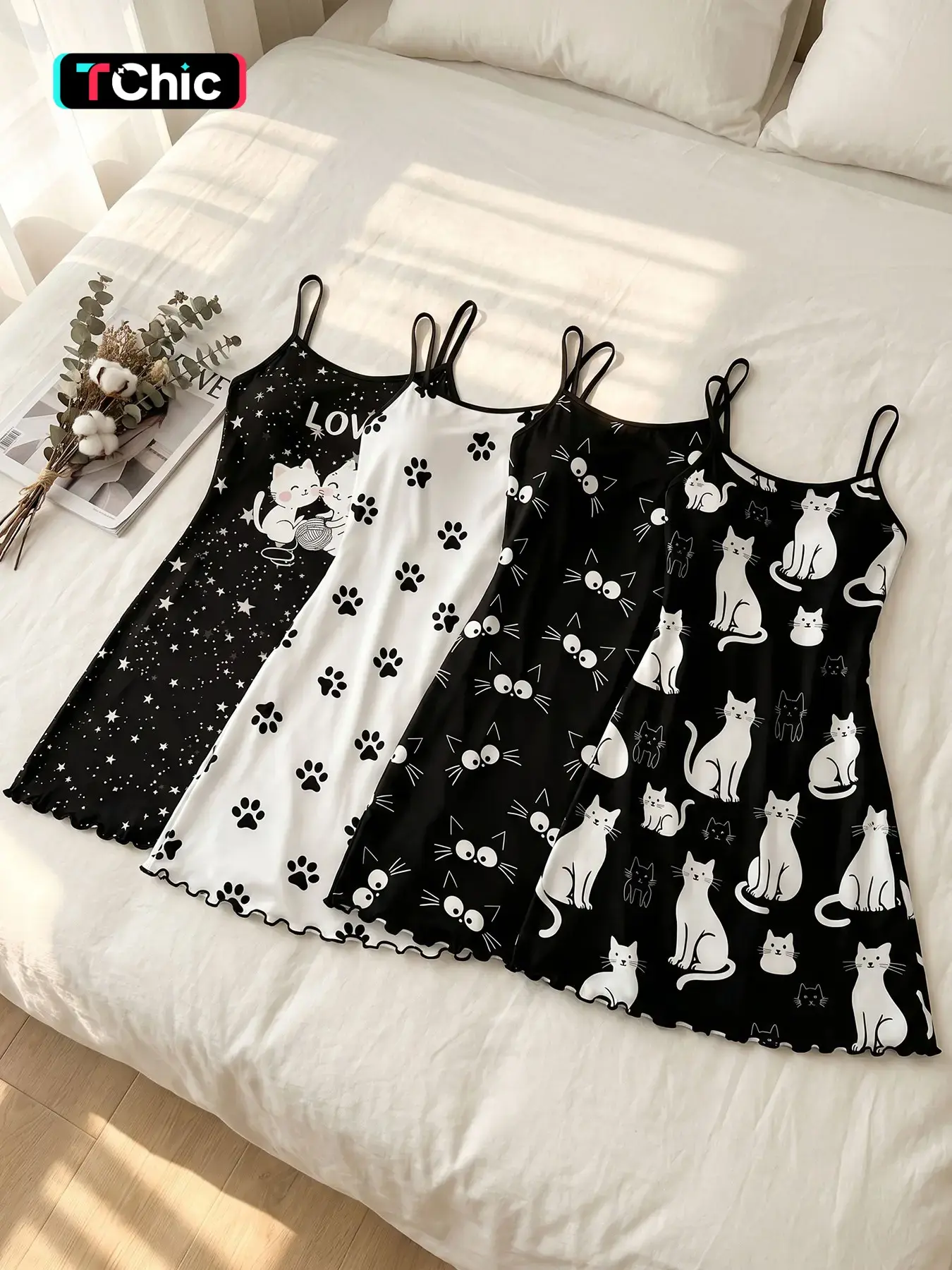 Women's 4 Pack Slip Spaghetti Strap Nightgowns, Casual Nightwear, Spring Summer Wear, Kawaii Cartoon Cat Paw Print Ruffle Hem, Cute Playful Style, Adorable Casual Sleep Dress for Women