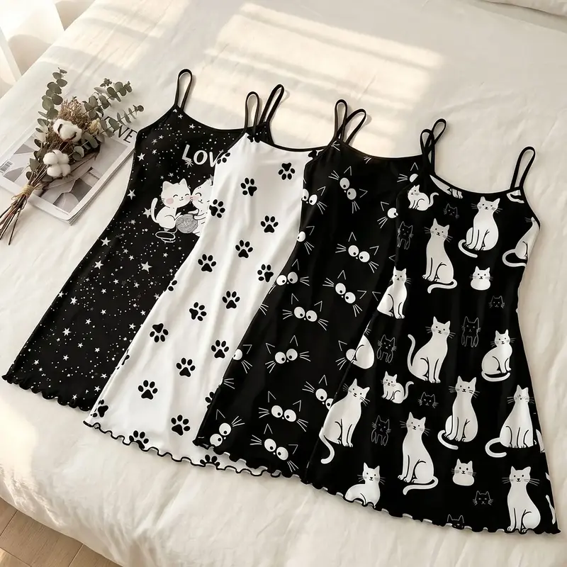 Women's 4 Pack Kawaii Cartoon Cat Paw Print Slip Nightgowns, Spring & Summer Wear, Cute Playful Style, Adorable Casual Sleep Dress, Fashion Sleepwear