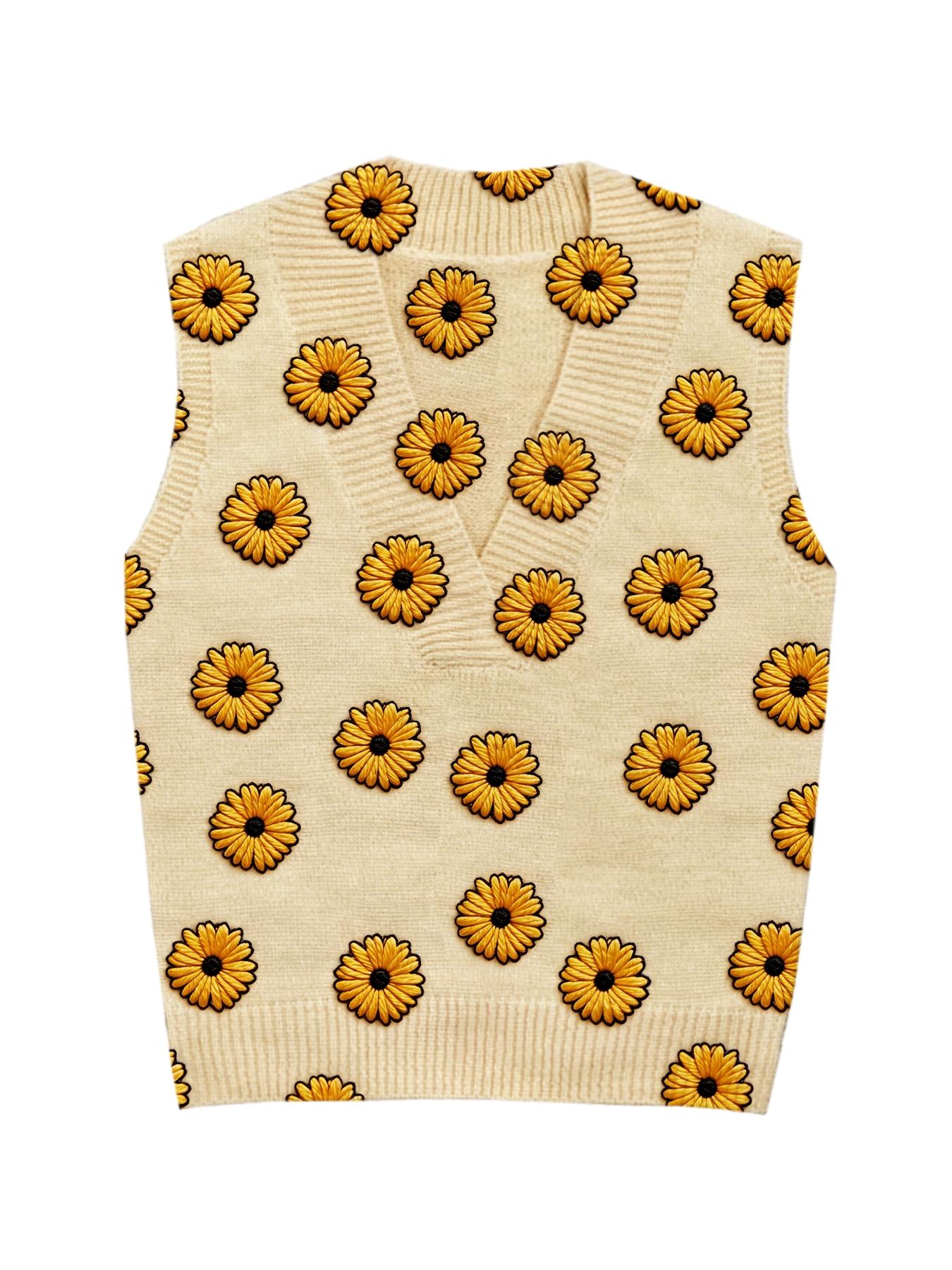 Spring Summer Elegant Women's Vintage Farmhouse Floral Knit Vest, Cross Deep V Neck Sleeveless Sweater, Comfortable Casual Outerwear