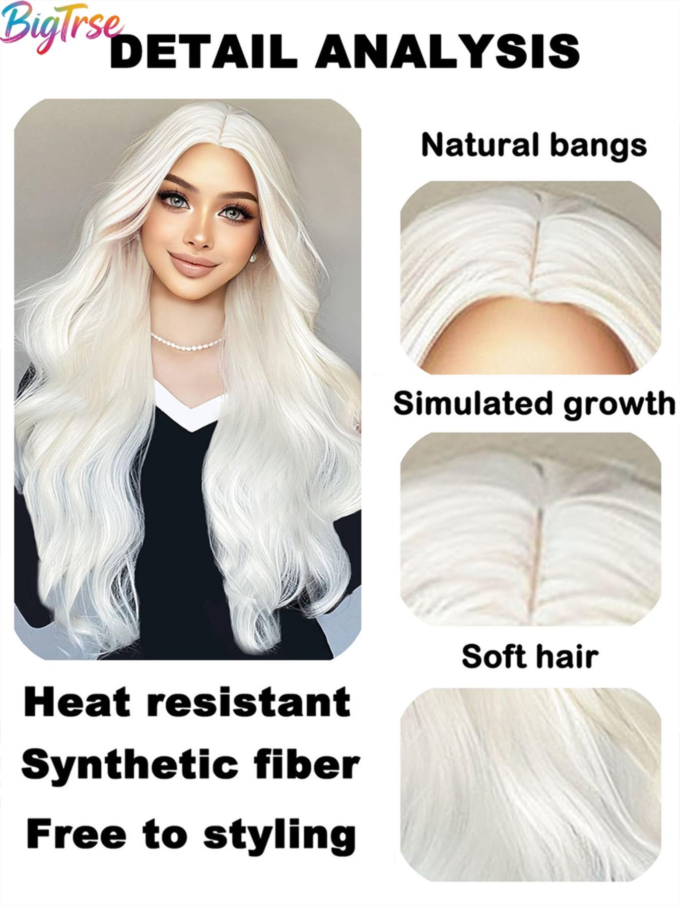 Bigtrse Women's 26-Inch Wavy Synthetic Wig, Platinum, Heat-Resistant Fiber, Natural Hairline, Perfect for Halloween, Parties, Daily Wear