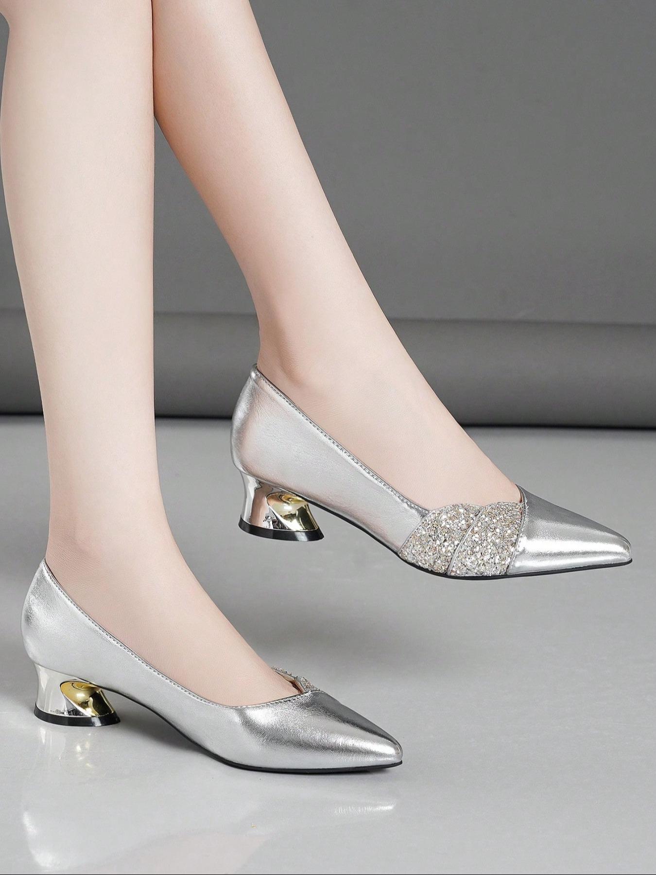 Elegant Silver Color Pointed Toe Rhinestone Shoes, Fashion Classy Stylish  Chunky Heel High Heels for Parties, Evening Dresses, Dating, All Seasons,  Elegant Heeled Shoes - TikTok Shop