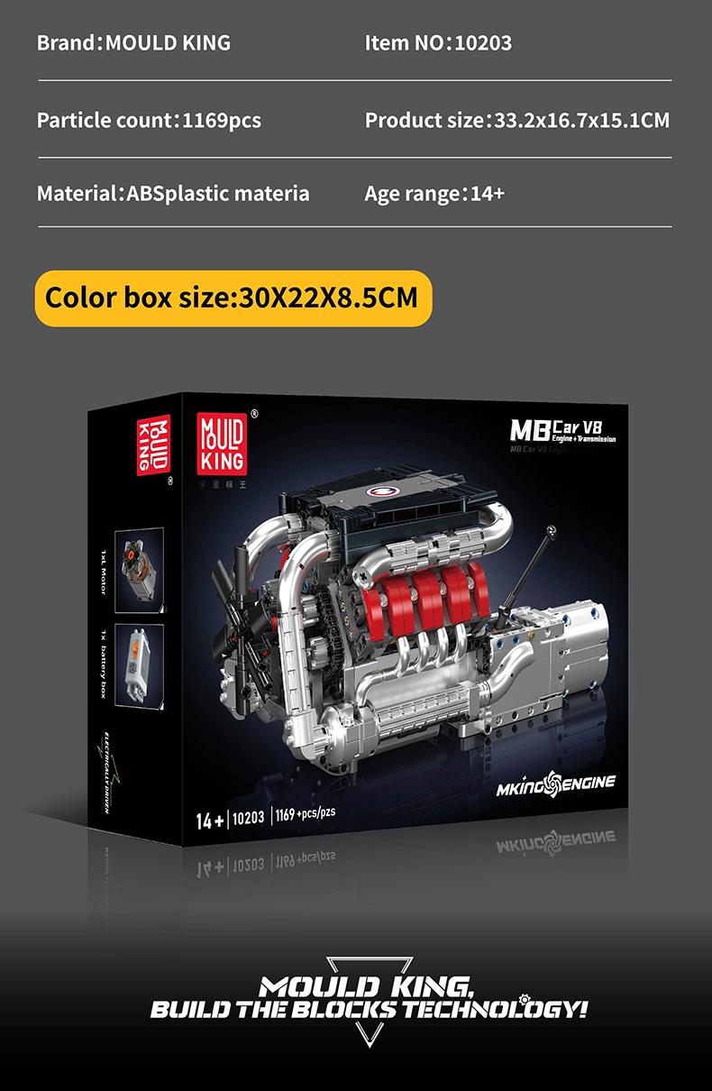 Mould King 10203 V8 Engine Engineering Car Motor Model Building Block STEM DIY Gift Adult Kid Toy Set 1169 Pcs springtok