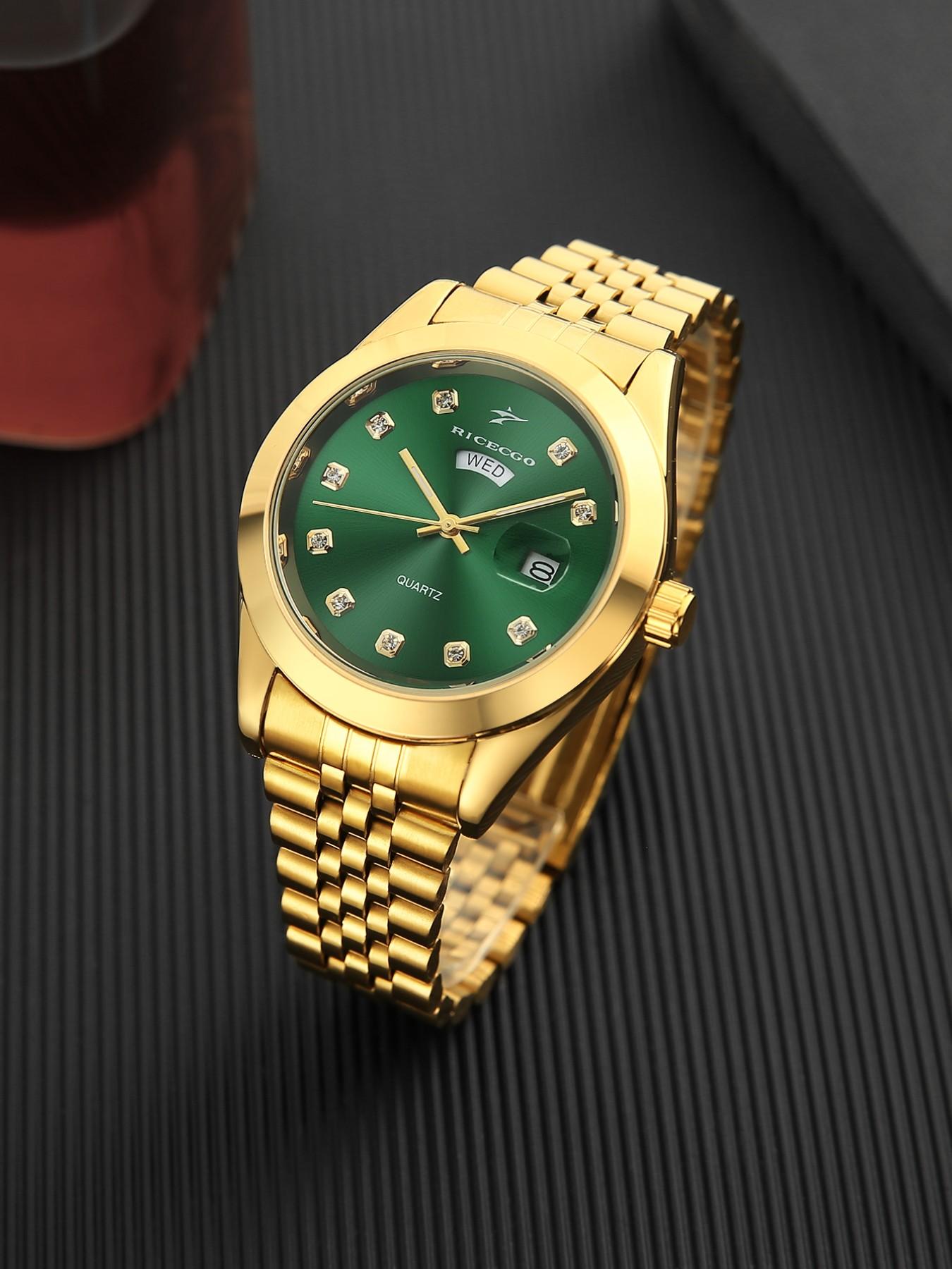 RICECGO Men's Quartz Watch Luxurious solid gold finish Elegant Round Dial Diamond-set hour markers sparkle with eye-catching brilliance Features day and date display Exudes prestige for business gifts Limited-time offer—act fast before it's gone