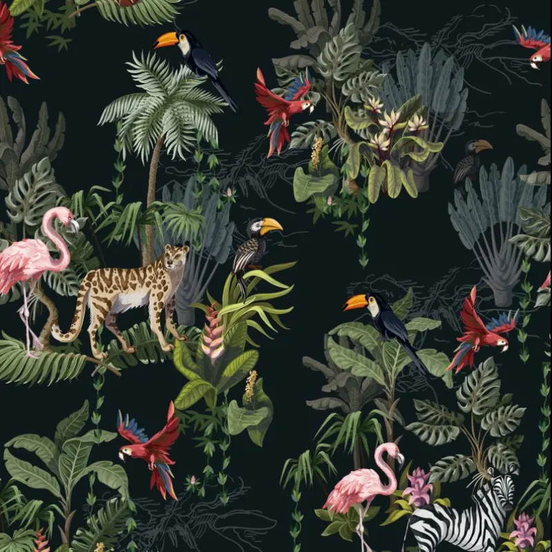 Boho Chic Tropical Self-Adhesive Wallpaper - Peel & Stick with Palm, Zebra & Flamingo Designs in Black/Green/Brown for Living Room Bedroom Bathroom & Furniture Decor, 44cm*3/5/10m