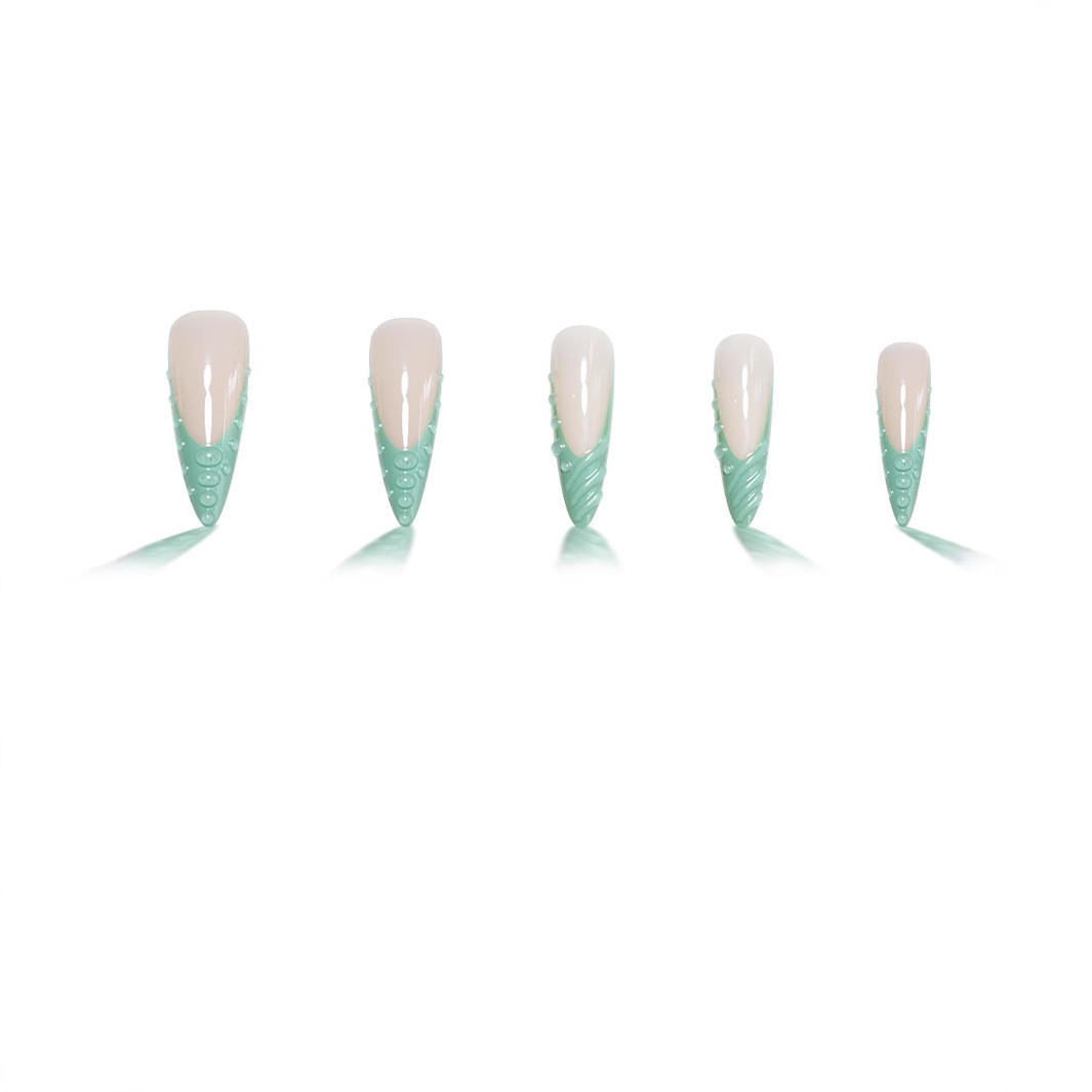24 Pcs 3D Turquoise Almond Nails, Dragon Scale French Tip Design, Rhinestone Decor, Glossy Gel False Nails, Reusable, Free Jelly Glue & Nail File