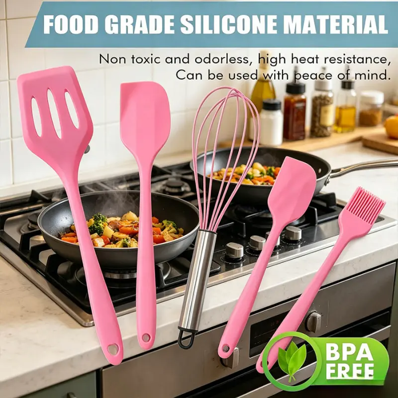 5-piece silicone baking tool set, heat-resistant and non stick kitchen tool, durable pink utensil for mixing, stirring, flipping and baking, essential for beginners