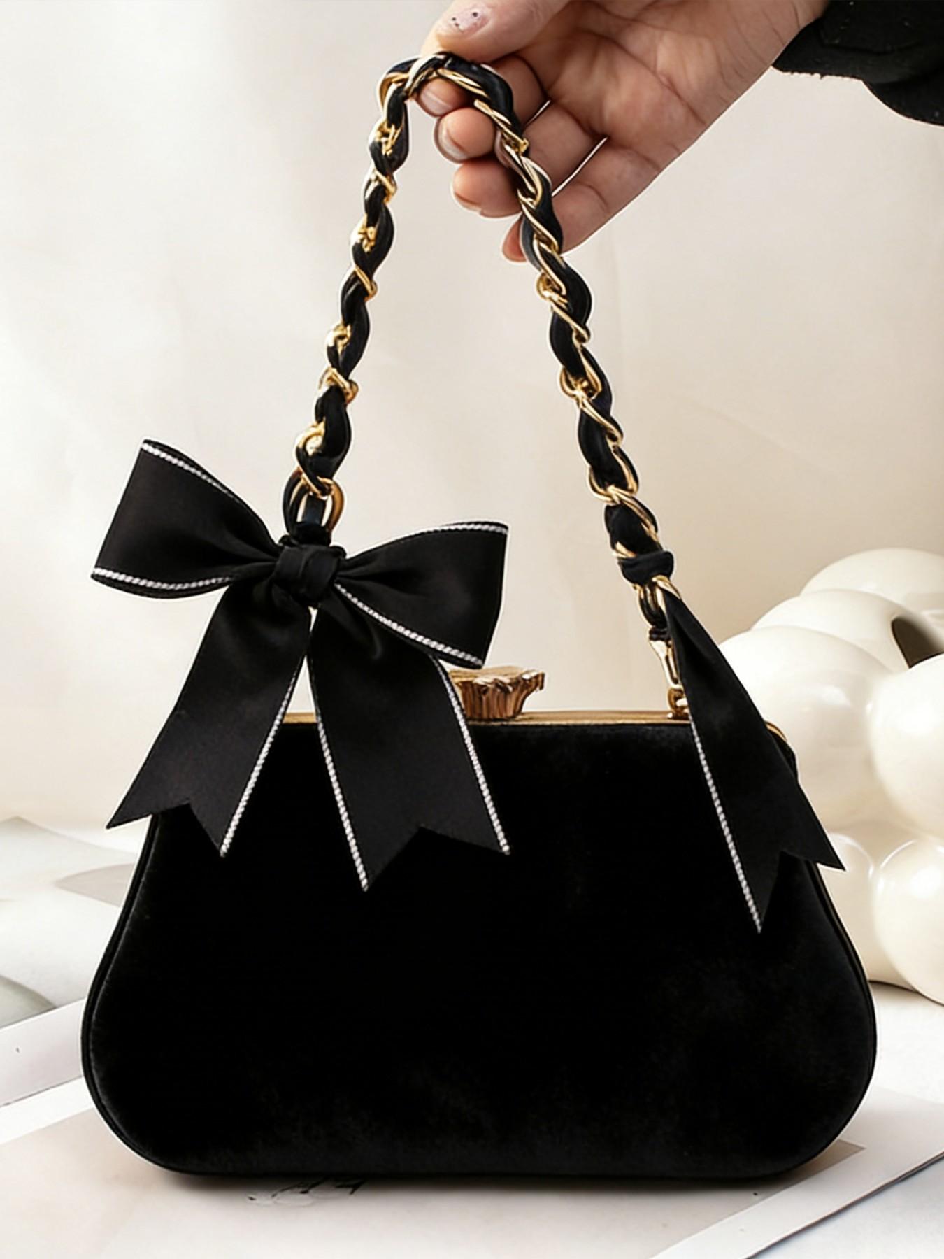 Luxury Satin Bow Bag Chain Strap, Gold Tone Chain Handbag Extender, Aesthetic Coquette Bag Charm, Perfect Birthday Christmas Valentine's Day Gift for Women Girls, Trendy Shoulder Strap for Tote Backpack