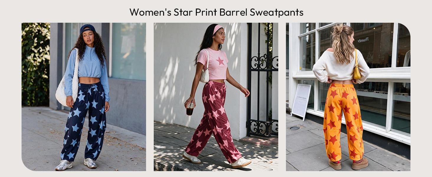 Aoysky Women Star Print Sweatpants, Elastic High Waist Drawstring Baggy Streetwear Pants, Casual Side Pockets Loose Fit Ankle Cuff Lounge Trousers,clothes for back to school,first day of school outfits