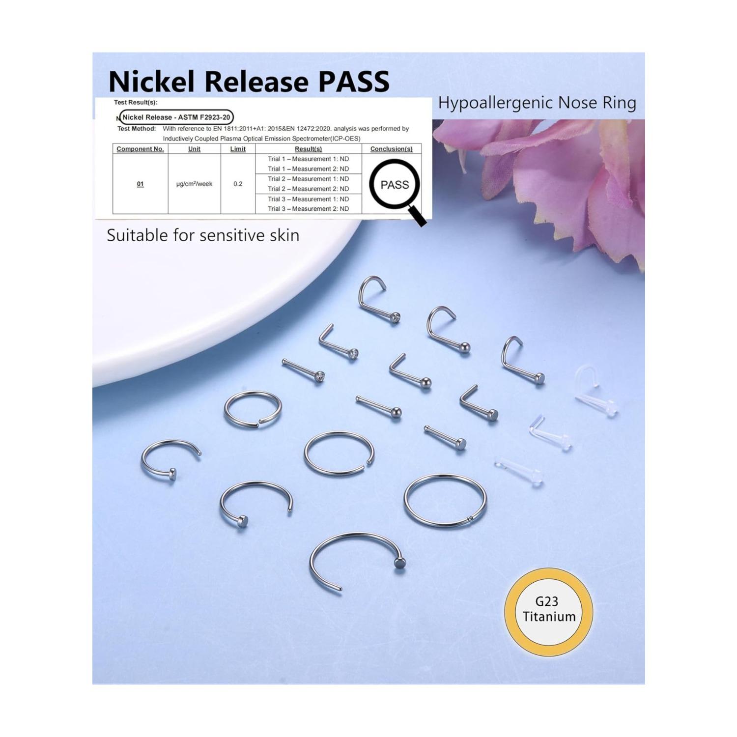 18 Pcs Hypoallergenic G23 Titanium Nose Ring Studs for Sensitive Skin 20G Nose Ring Hoops Nose Studs for Women Men 2mm Small Titanium Nose Piercing Jewelry