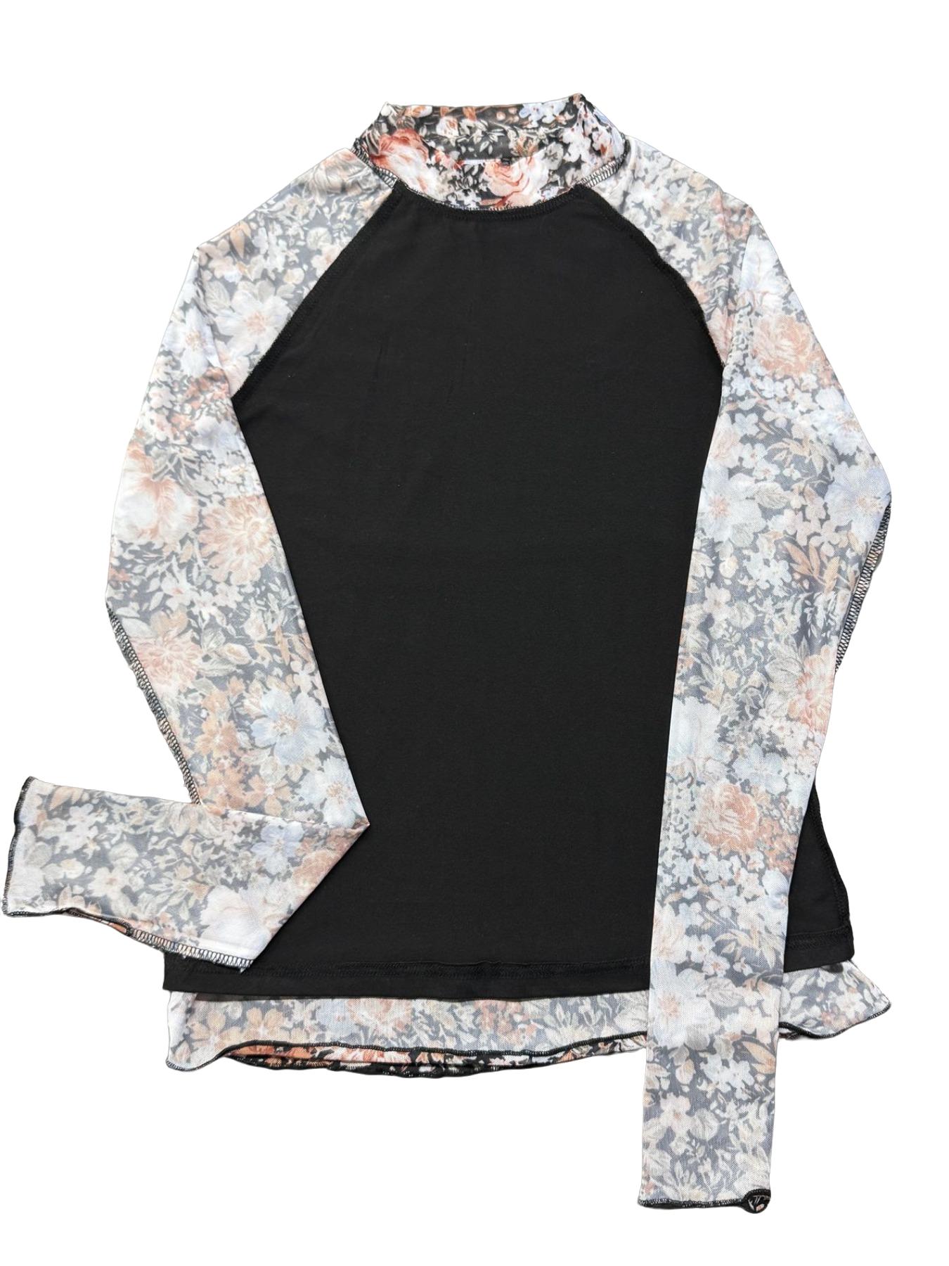 Women's Printed Round Neck Mesh T-Shirt, Contrast Thumb Hole Long Sleeve High Neck Top, Fashion Versatile Fitted Double Layer Blouse