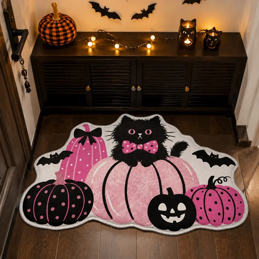 Halloween Cute Black Cat Pink Pumpkin Shaped Velvet Rug, Bow Tie Bat Polka Dot Irregular Non Slip Doormat, Pastel Spooky Gothic Floor Mat for Entryway Bedroom Halloween Home Decor