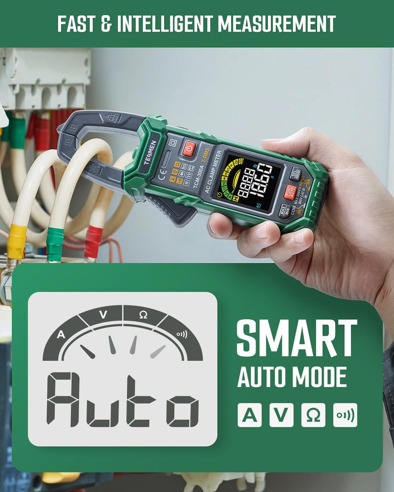 TESMEN TCM-300 Smart Clamp Meter Multimeter, 6000 Counts, Smart Measurement, Auto-Ranging with AC/DC Voltmeter, Non-Contact Voltage Detection, Measures AC/DC Volatge, Current, Resistance, Capacitance, Diode, Temperature, Continuity, Hz%