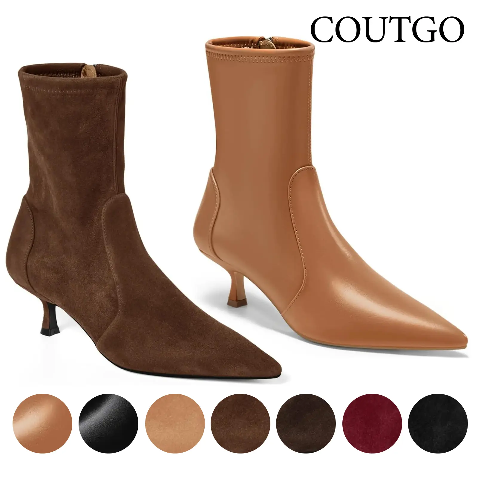 Coutgo Womens Pointed Toe Ankle Boots Stacked Kitten Low Heel Side Zipper Fall Booties Shoes tiktokshopbacktoschool