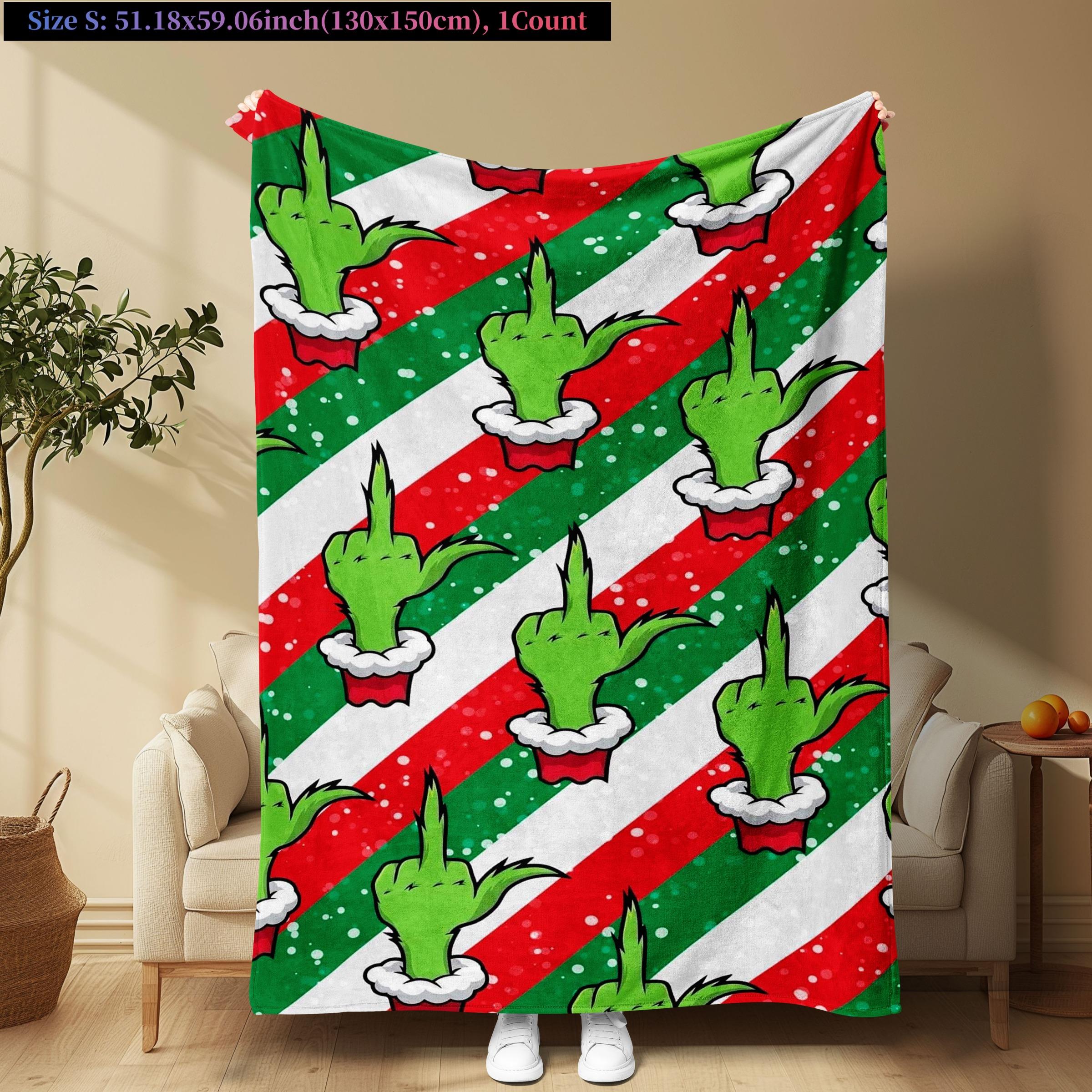 Modern Christmas Grinch Flannel Blanket, Digital Print Geometric Snowflake Design, All-Season Multi-Purpose Throw