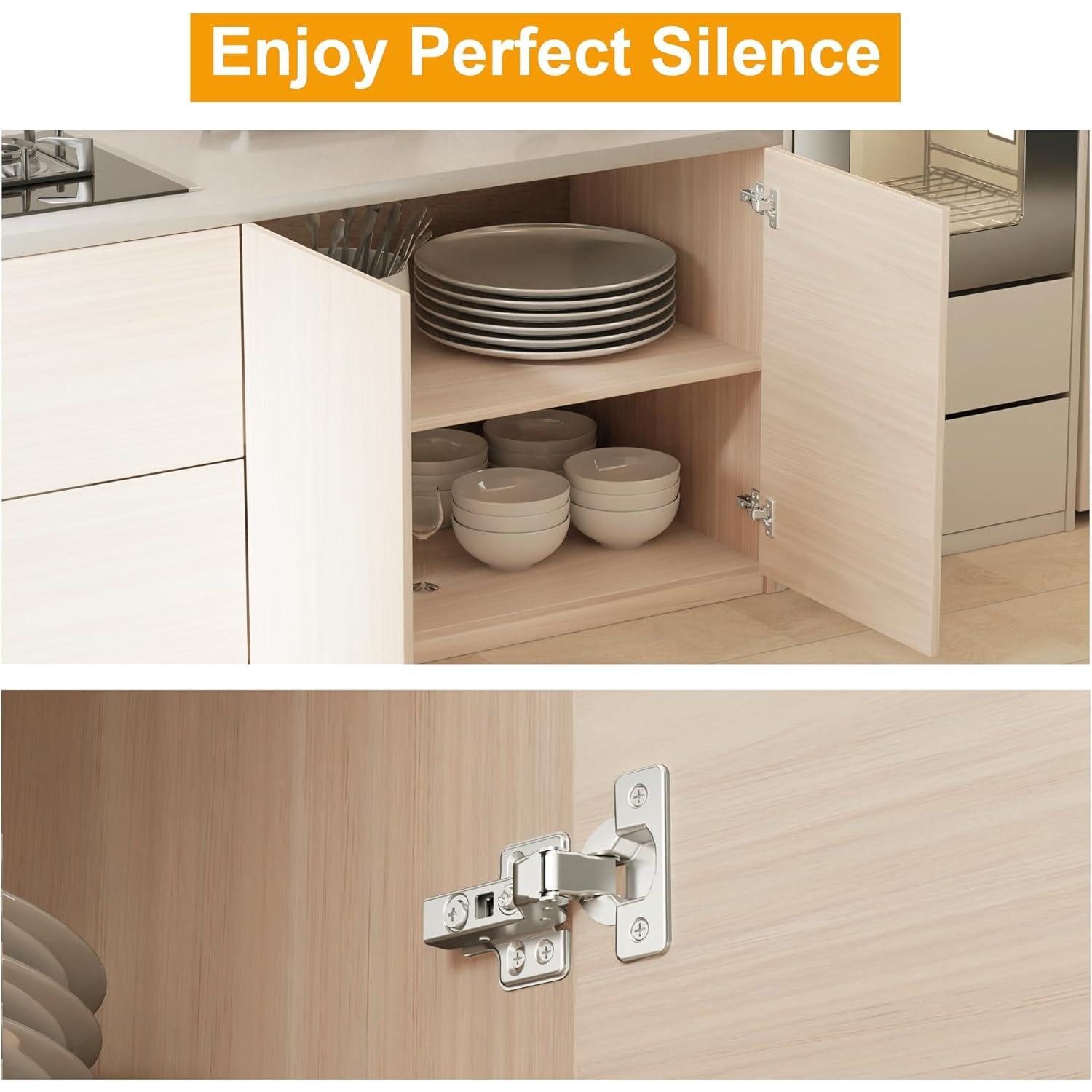 2 count Professional Grade Inset Soft Close Cabinet Hinges, Frameless Concealed European Style with Four-Hole Clip- Mounting Plate and Screws, Nickel Plated Finish