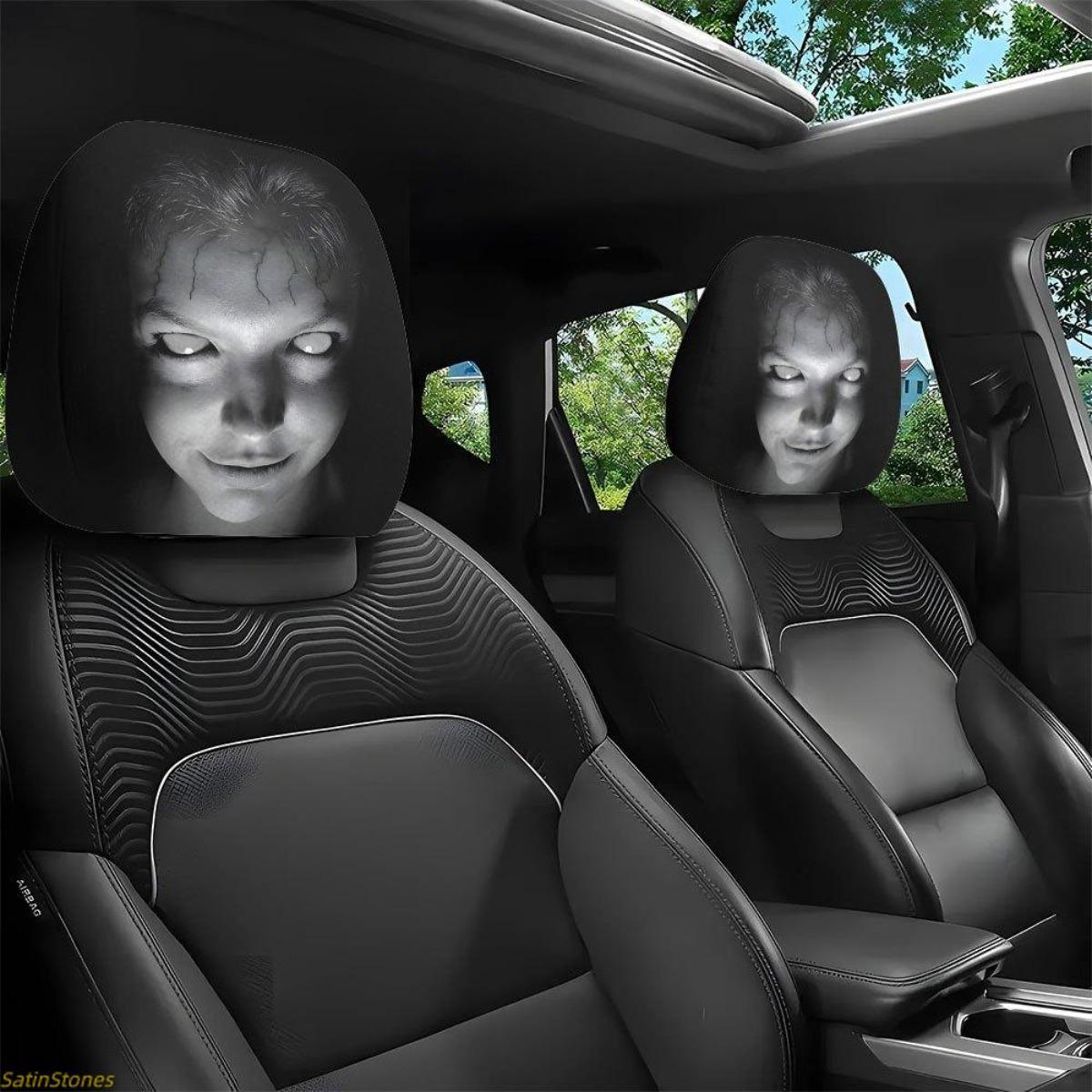2Pcs Universal Car Headrest Covers - Removable, Resilient Fabric, Washable, Tool-Free Install Auto Seat Accessories for Car, SUV/Truck/Sedan, Portrait Print