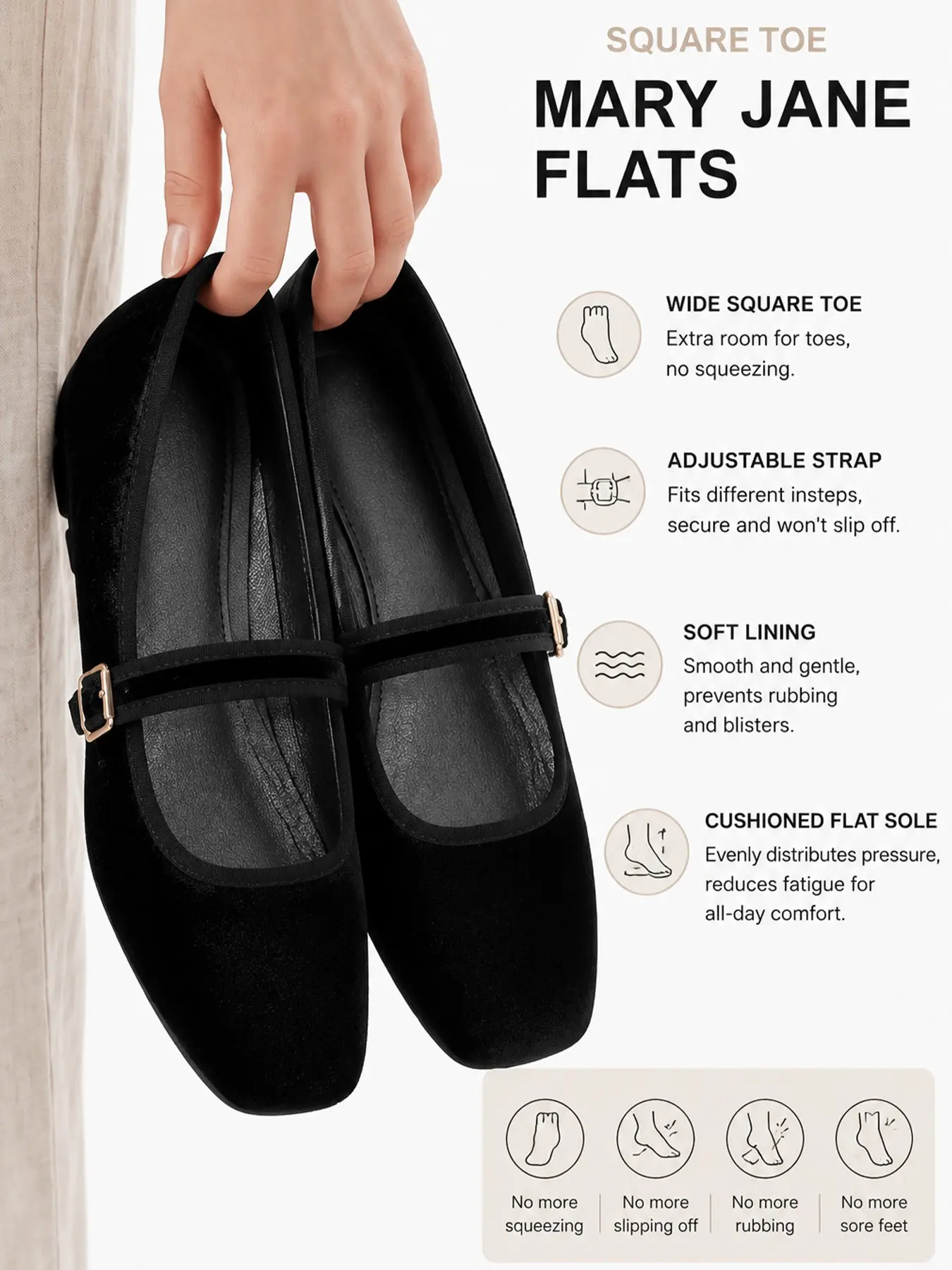 Velvet Square-Toe Mary Jane Flat Shoes, Adjustable Buckle Casual Slip-Ons, Soft Anti-Slip Comfortable Commuter Shoes, Women's Retro Party Office Fashion Shoes