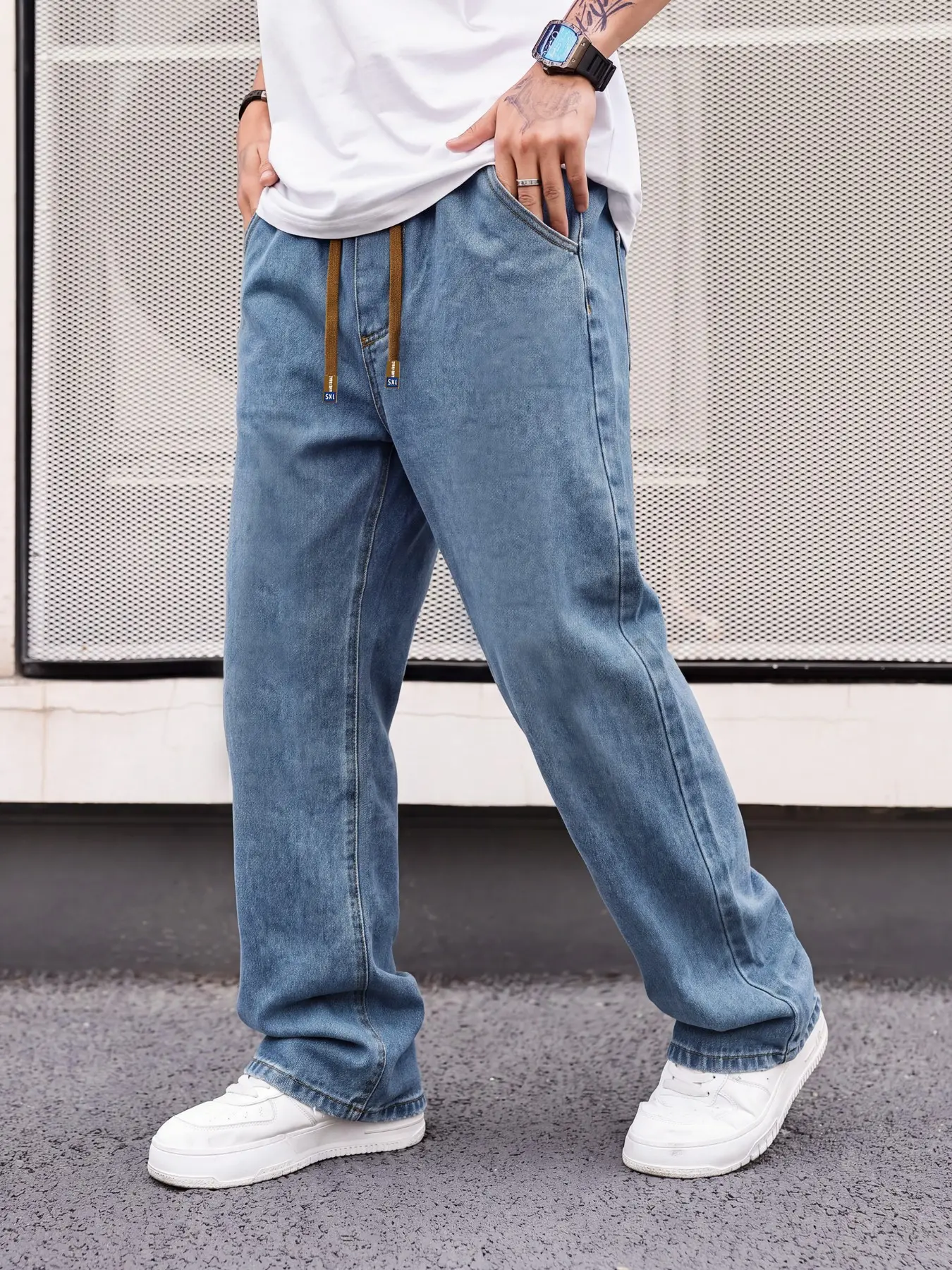 Men's Versatile Loose-Fit Jeans, Simple Casual Drawstring Denim Pants, Perfect for Everyday Outfits and Streetwear Looks, Fashion Casual Denim